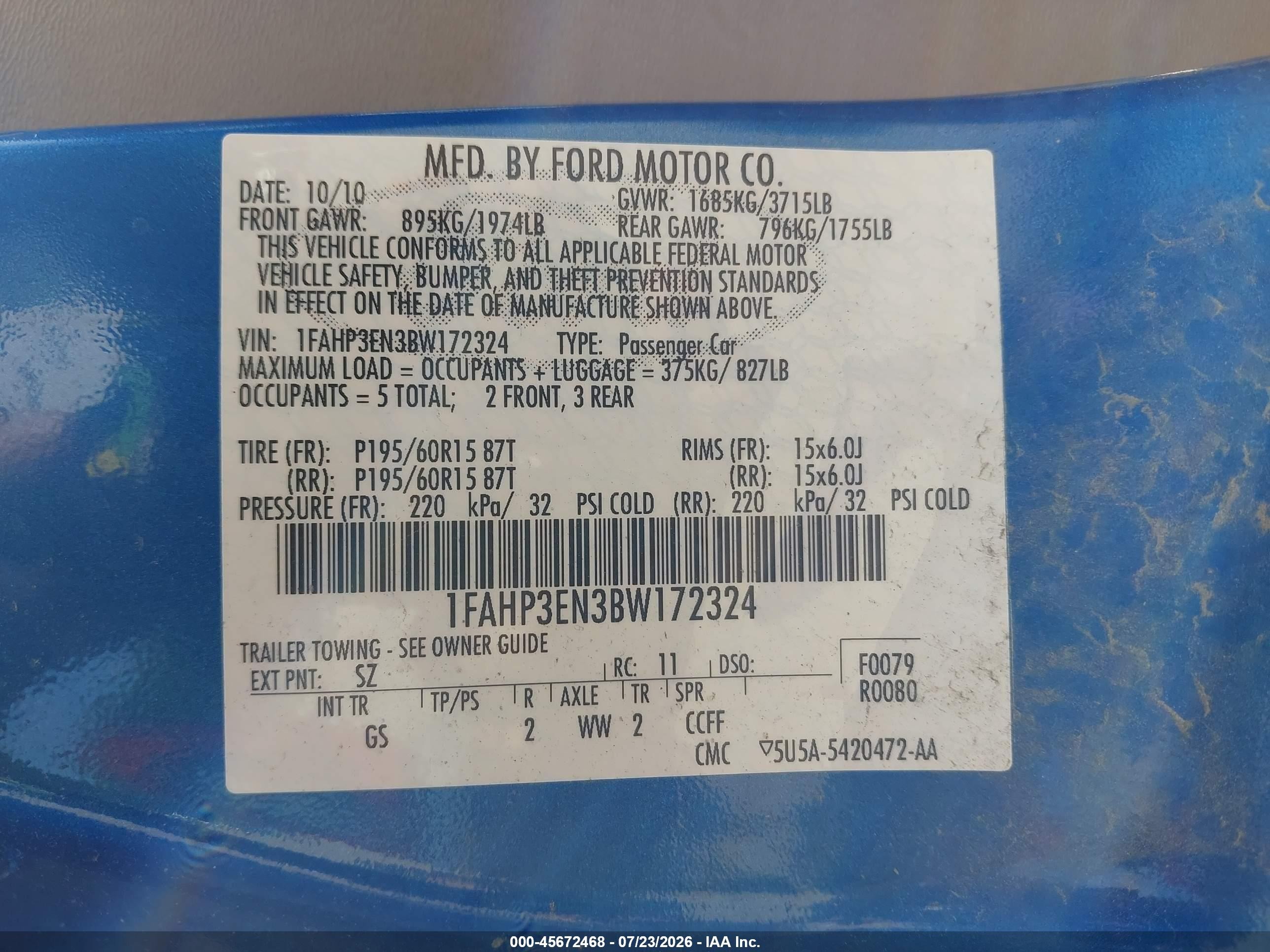 2011 Ford Focus S Blue vin: 1FAHP3EN3BW172324
