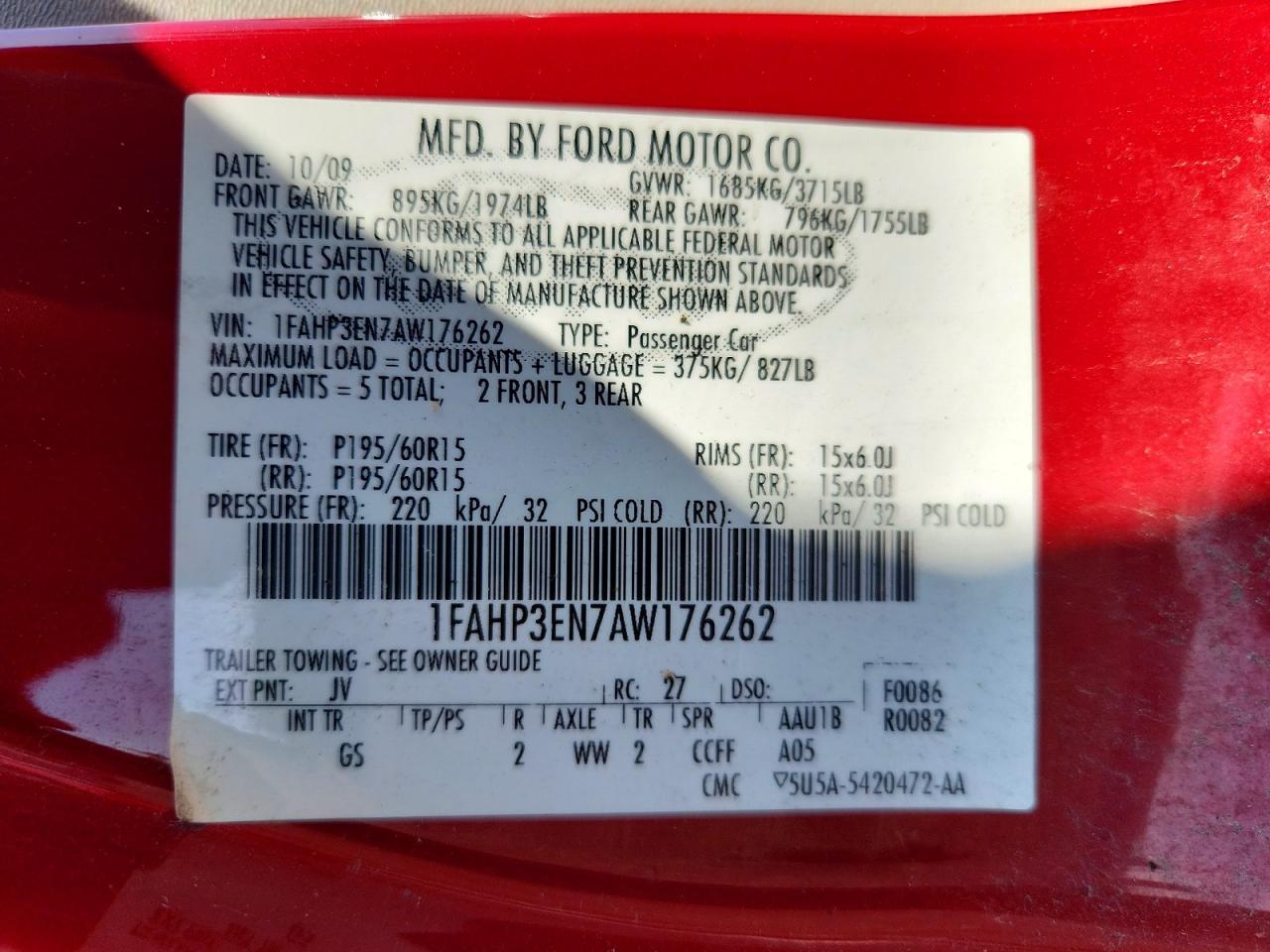2010 Ford Focus S Red vin: 1FAHP3EN7AW176262