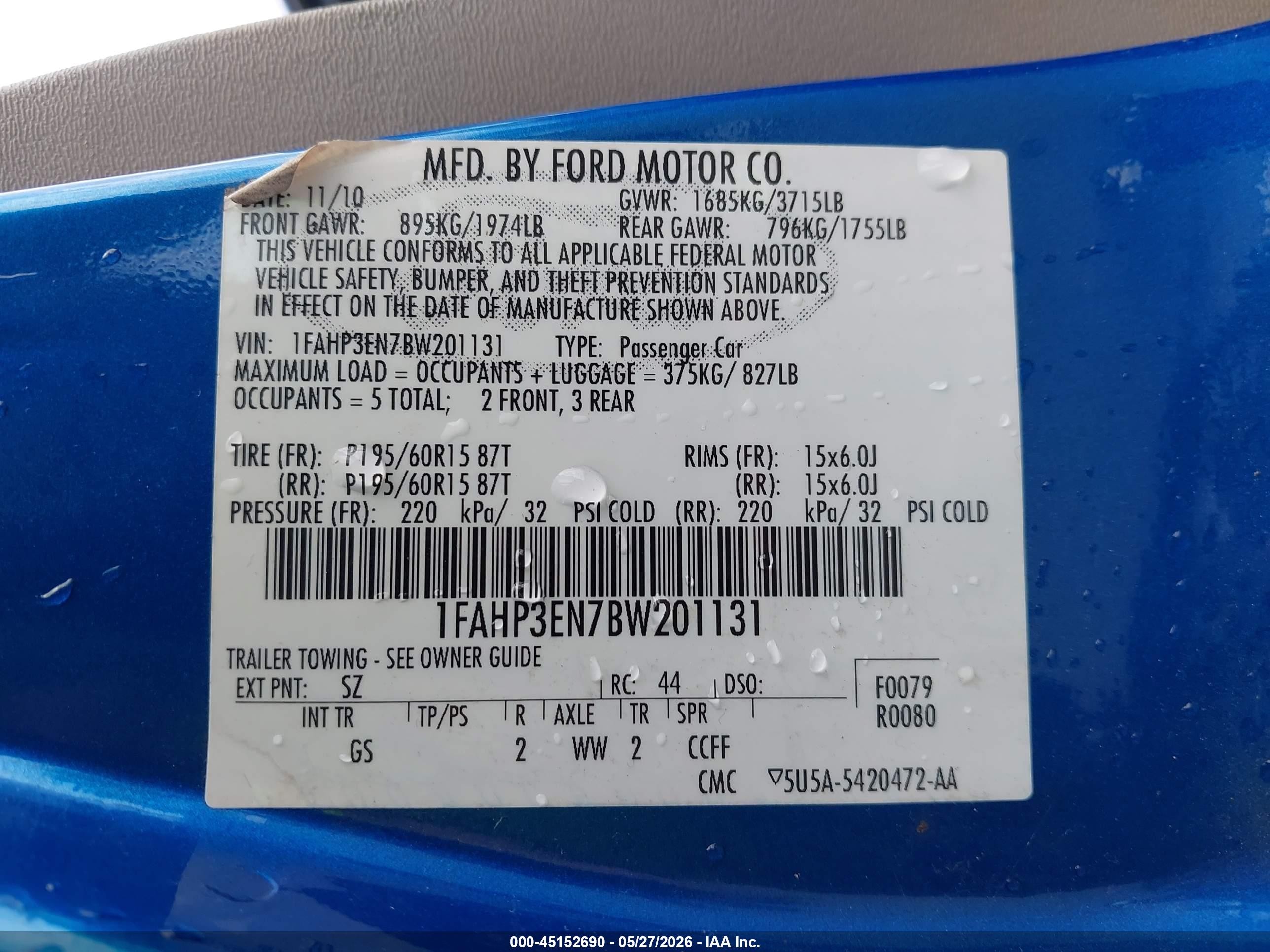 2011 Ford Focus S Blue vin: 1FAHP3EN7BW201131