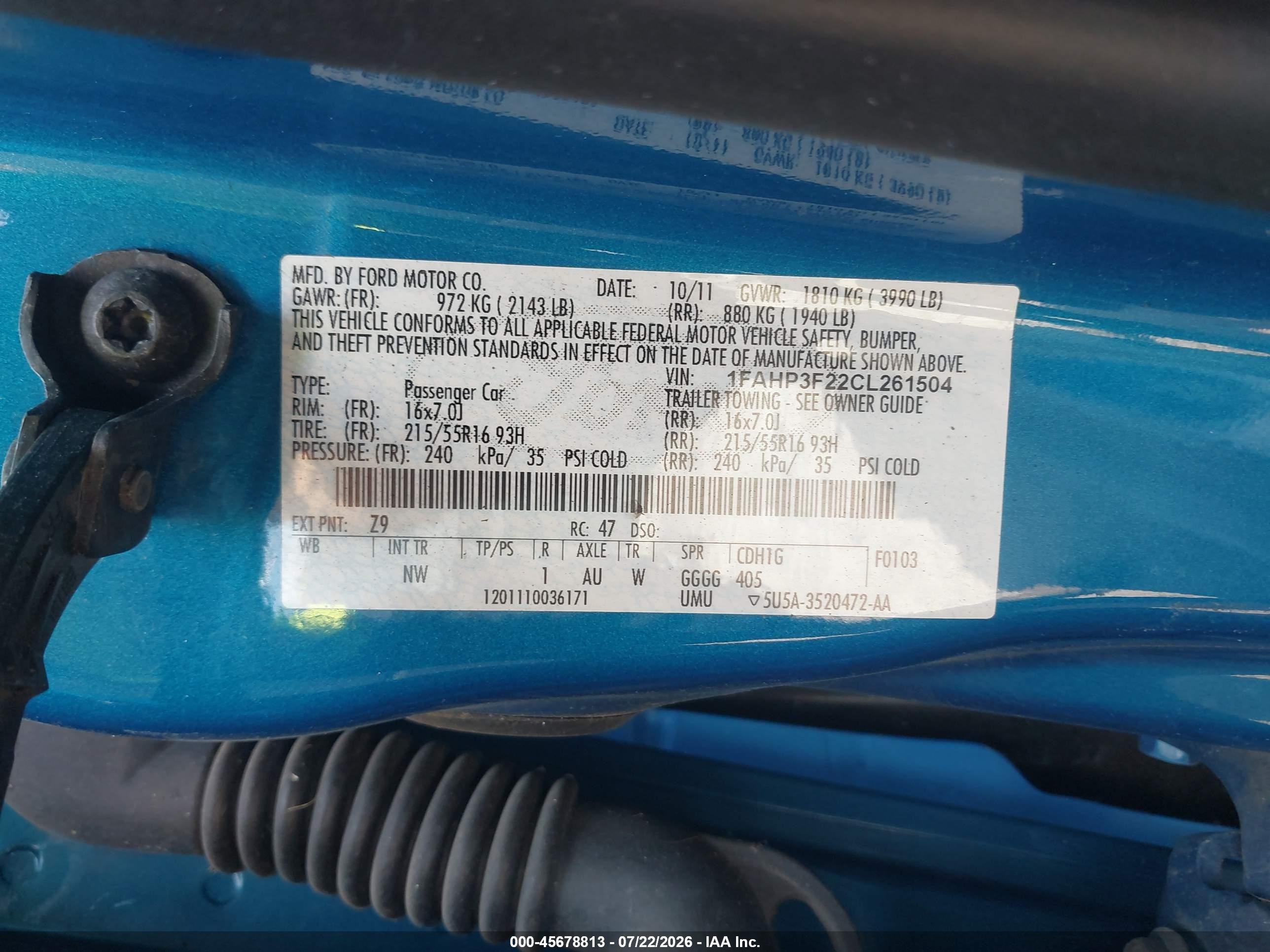 2012 Ford Focus Se Blue vin: 1FAHP3F22CL261504