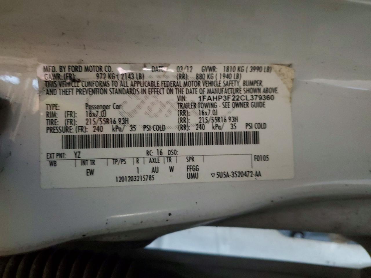 2012 Ford Focus S Белый vin: 1FAHP3F22CL379360