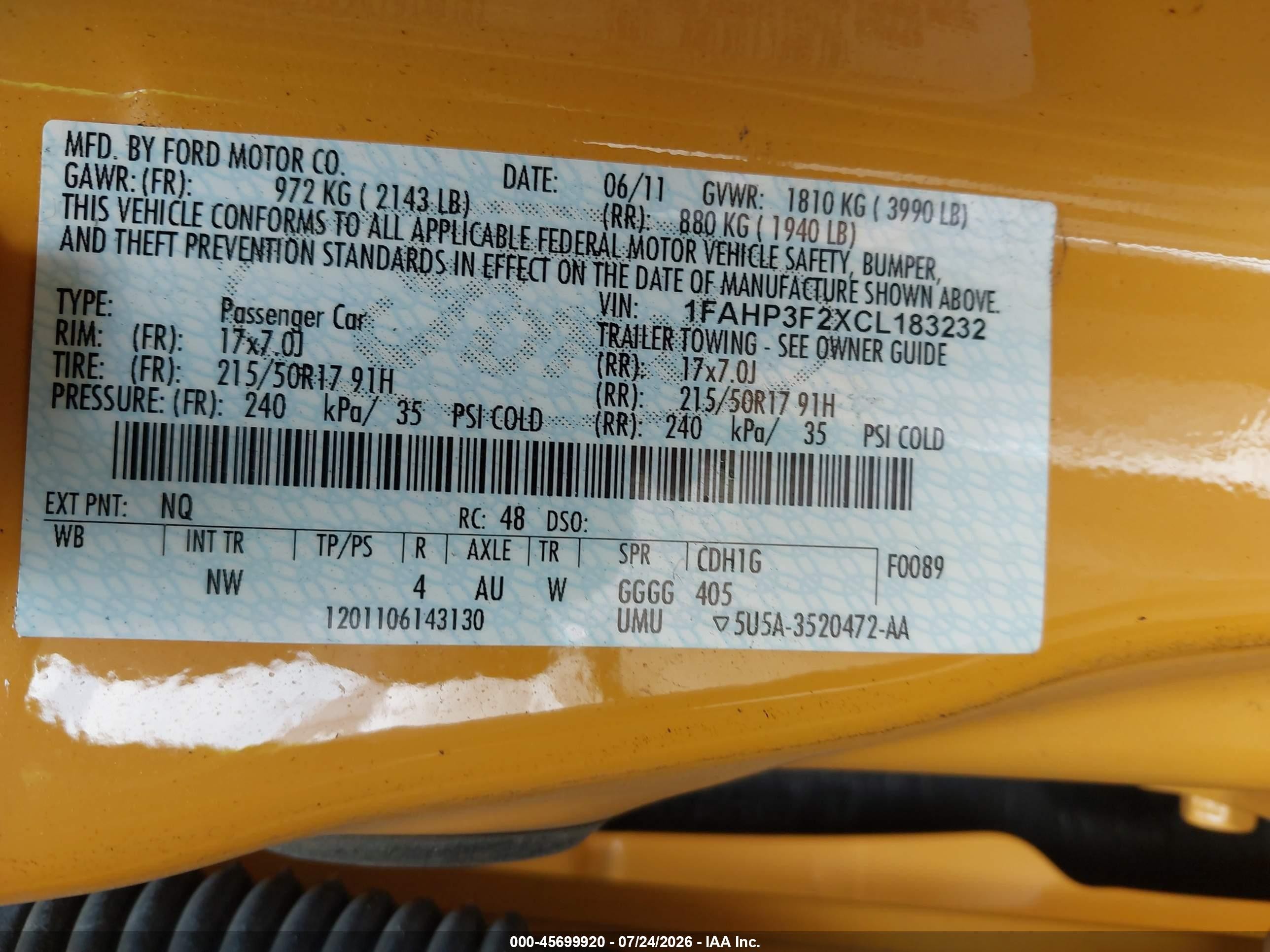 2012 Ford Focus Se Yellow vin: 1FAHP3F2XCL183232