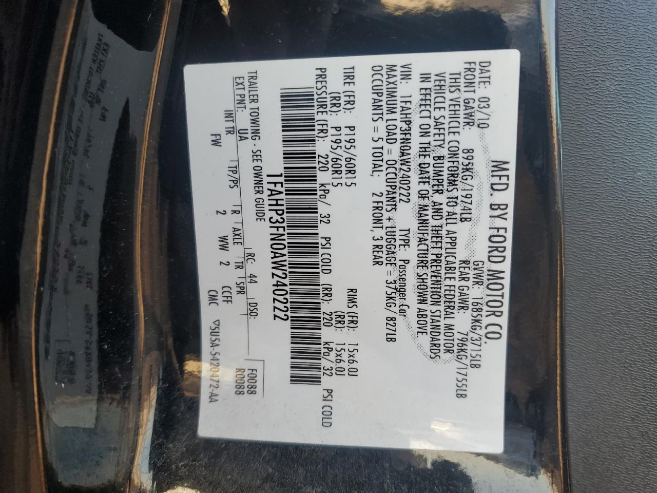 2010 Ford Focus Se Black vin: 1FAHP3FN0AW240222