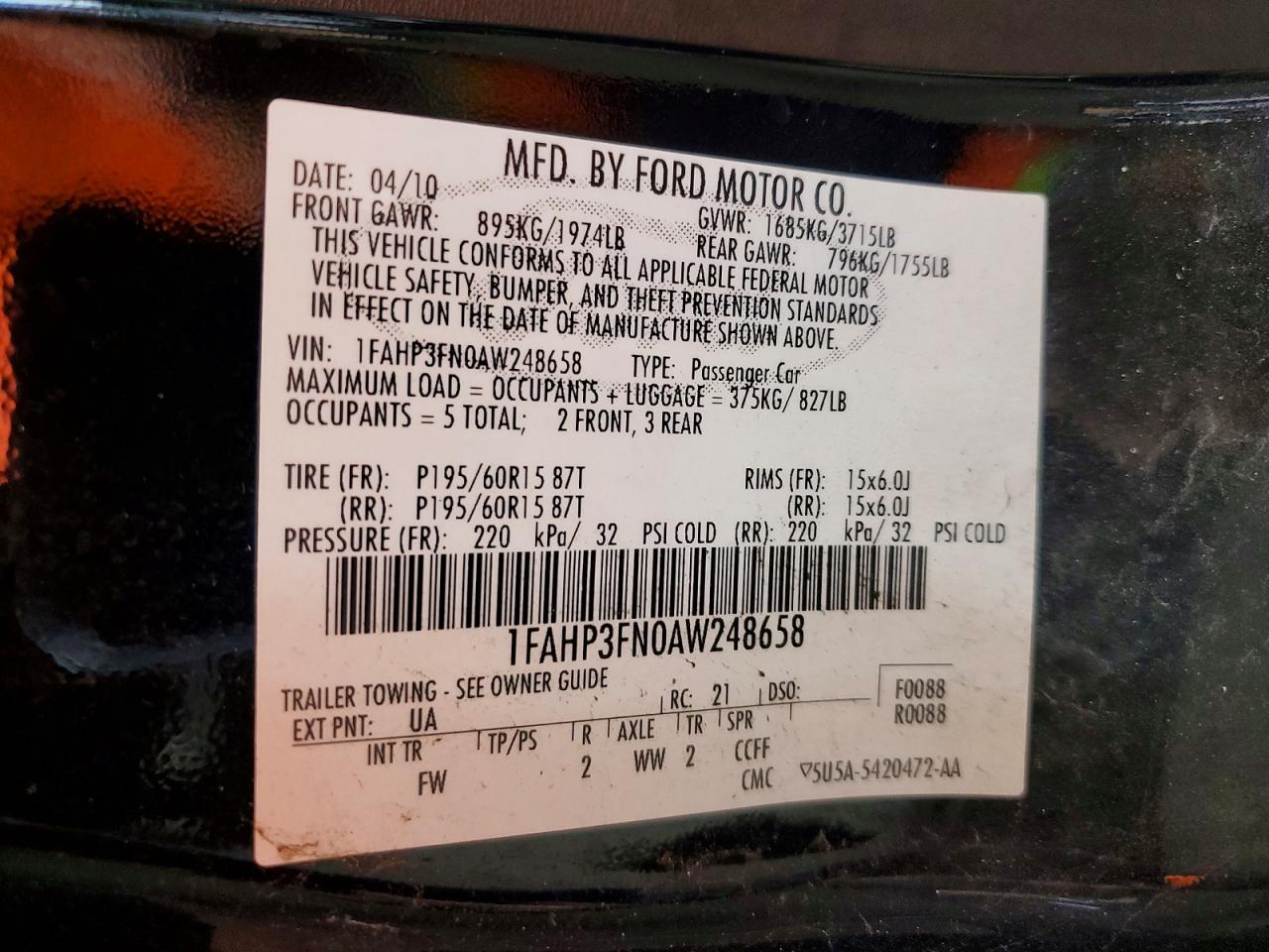 2010 Ford Focus Se Black vin: 1FAHP3FN0AW248658
