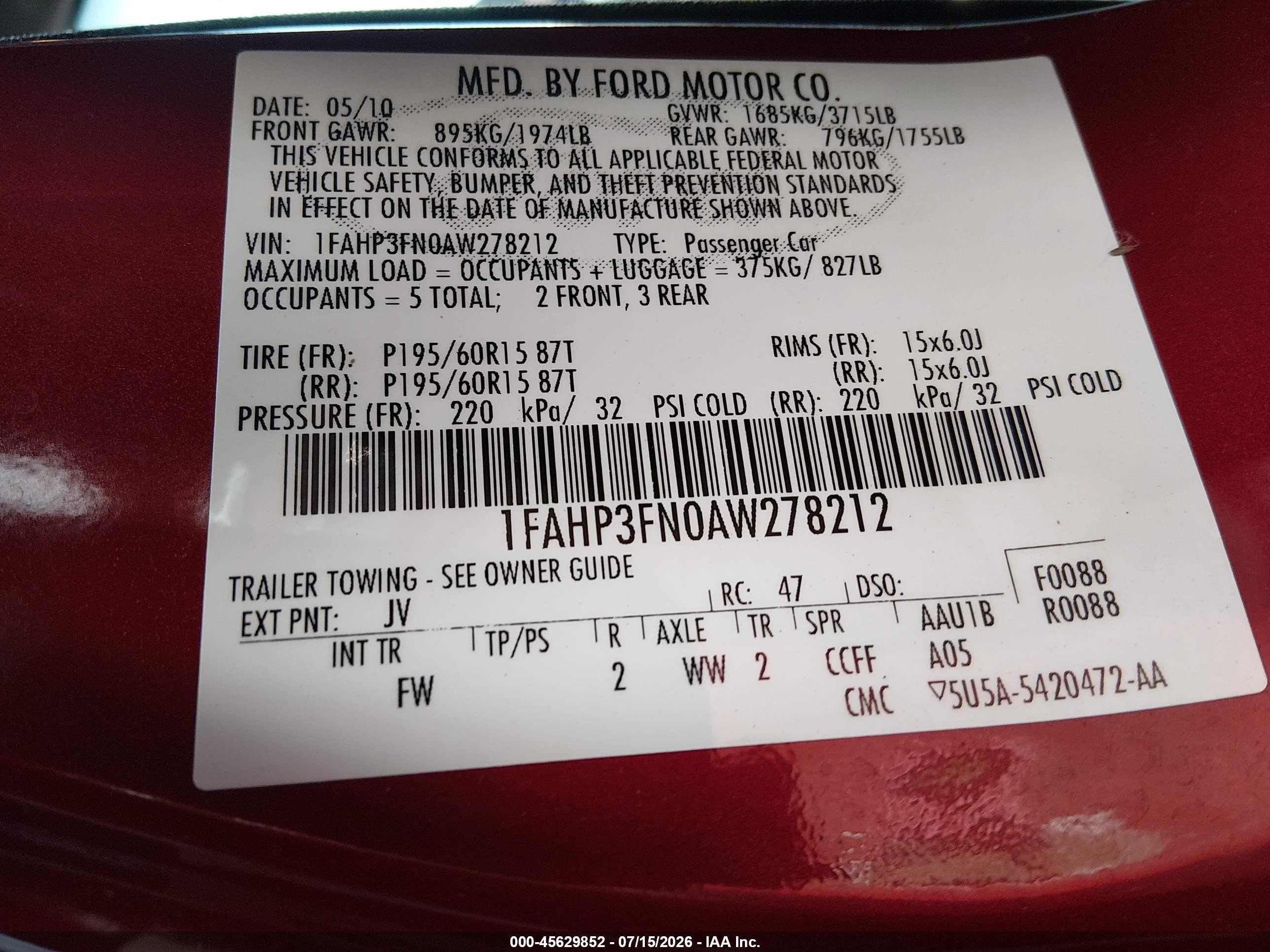 2010 Ford Focus Se Red vin: 1FAHP3FN0AW278212
