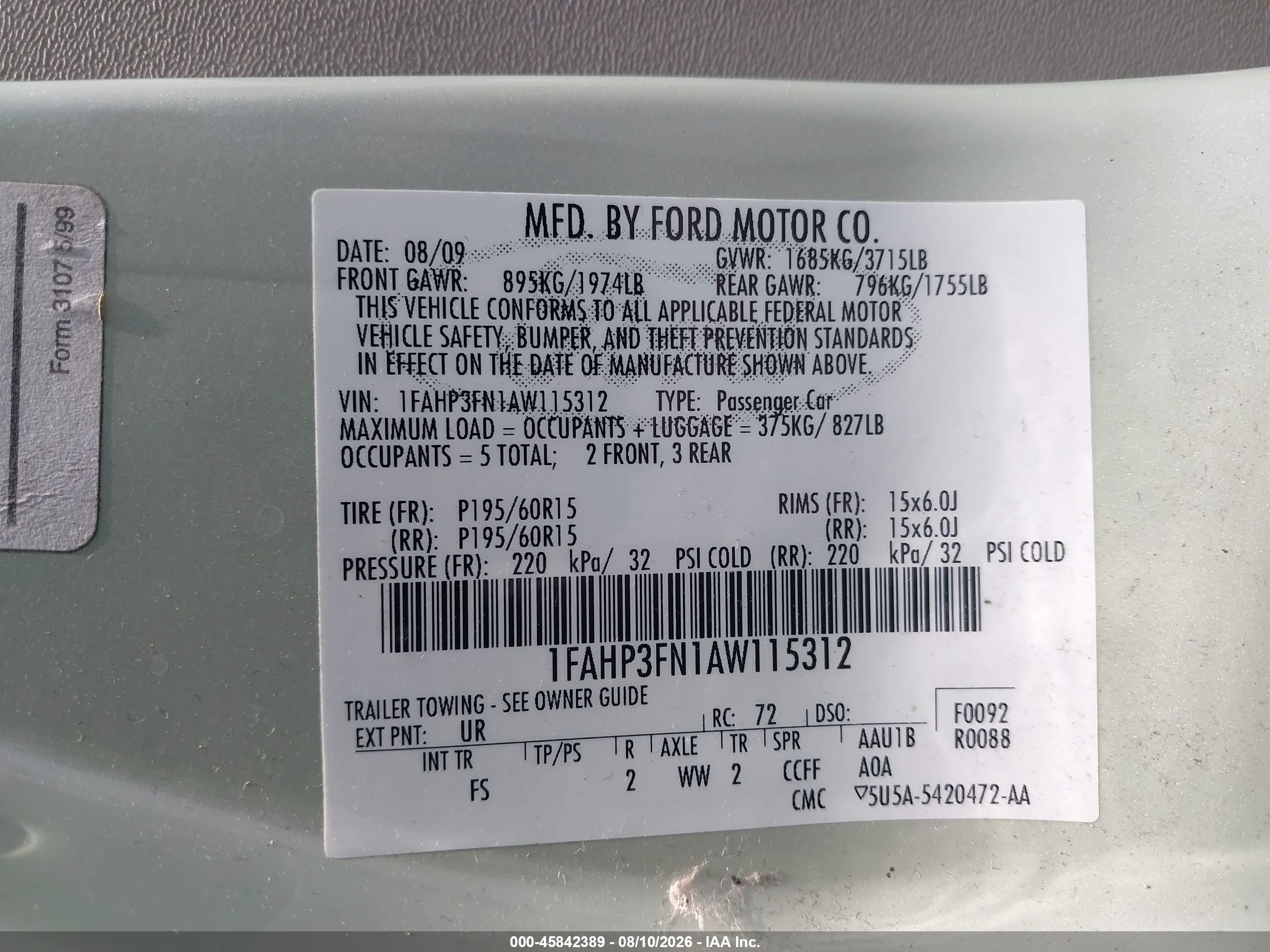 2010 Ford Focus Se Green vin: 1FAHP3FN1AW115312