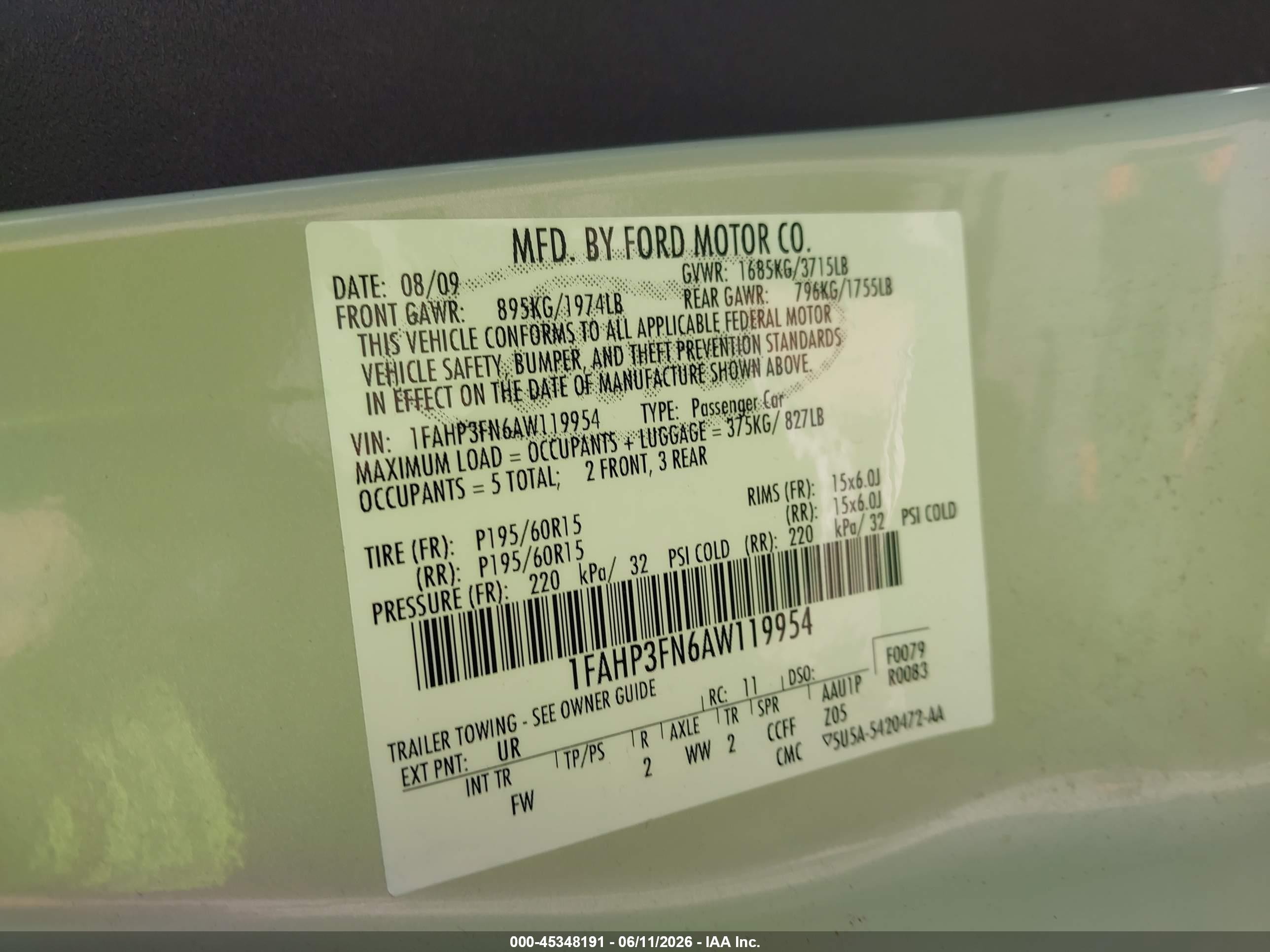 2010 Ford Focus Se Green vin: 1FAHP3FN6AW119954