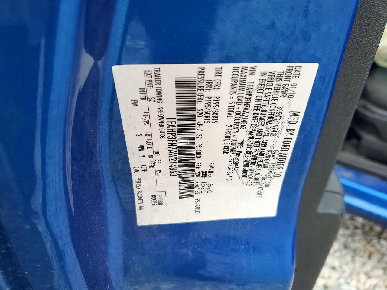 2010 Ford Focus Se Blue vin: 1FAHP3FN7AW214863