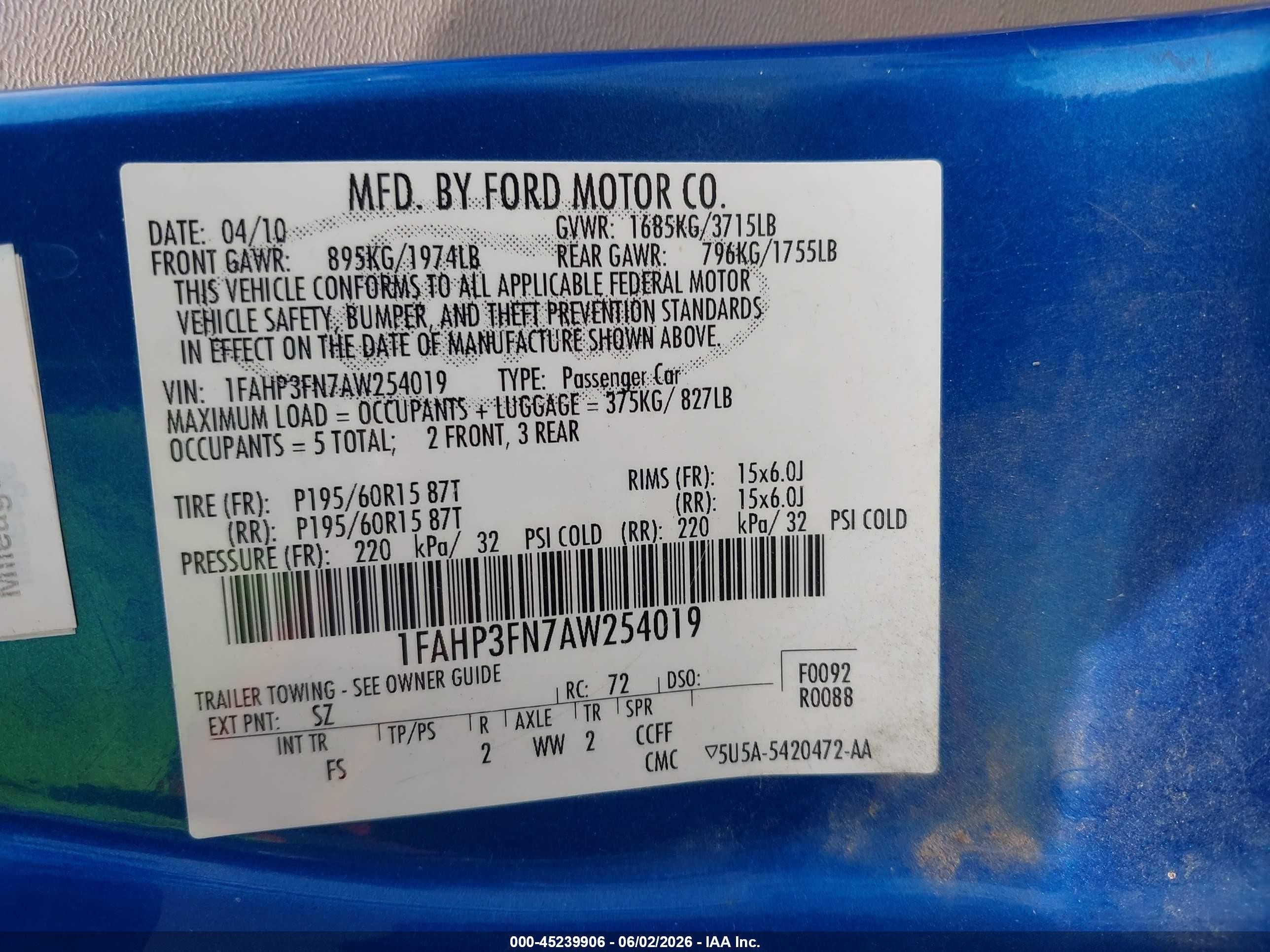 2010 Ford Focus Se Blue vin: 1FAHP3FN7AW254019