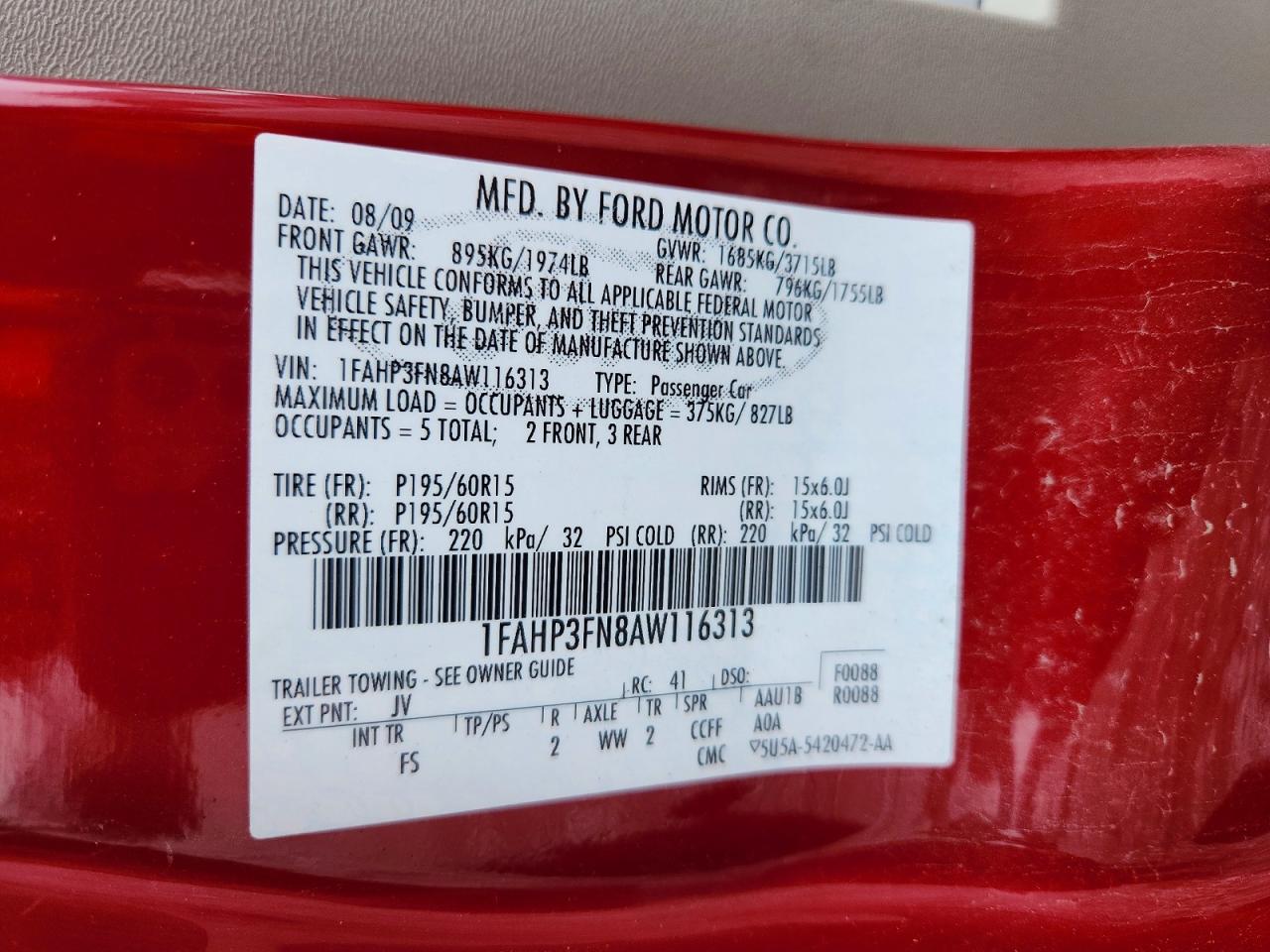 2010 Ford Focus Red vin: 1FAHP3FN8AW116313