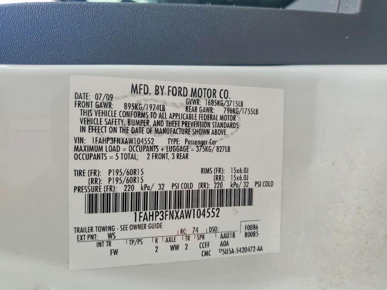 2010 Ford Focus Se White vin: 1FAHP3FNXAW104552