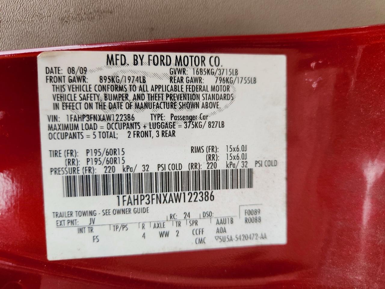 2010 Ford Focus Se Red vin: 1FAHP3FNXAW122386