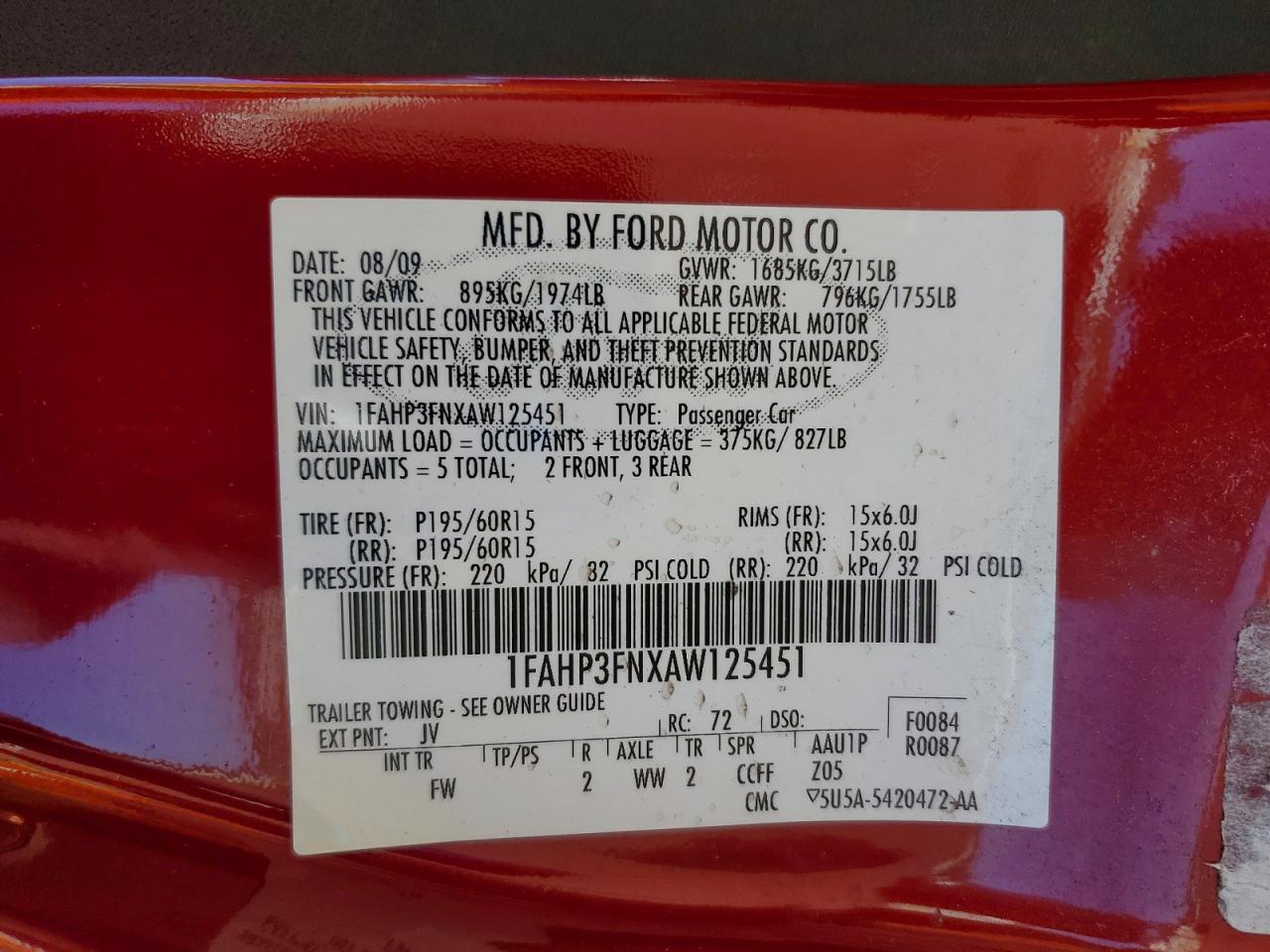 2010 Ford Focus Se Red vin: 1FAHP3FNXAW125451