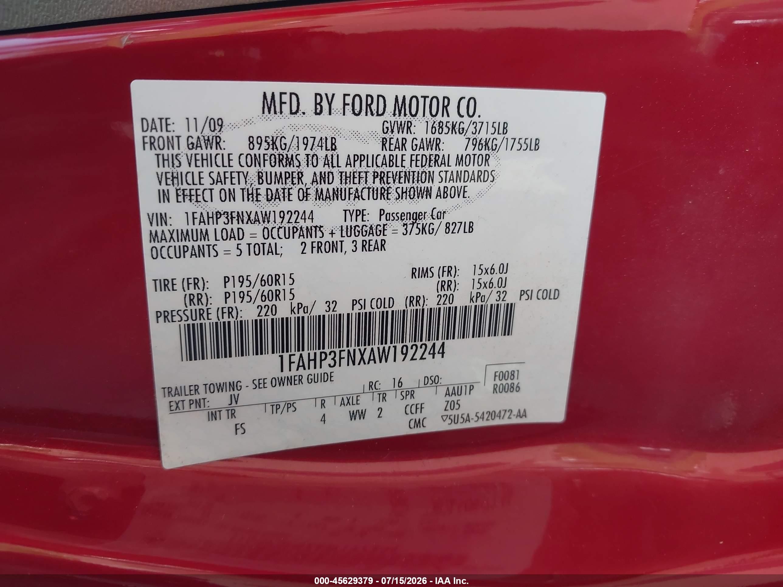 2010 Ford Focus Se Red vin: 1FAHP3FNXAW192244