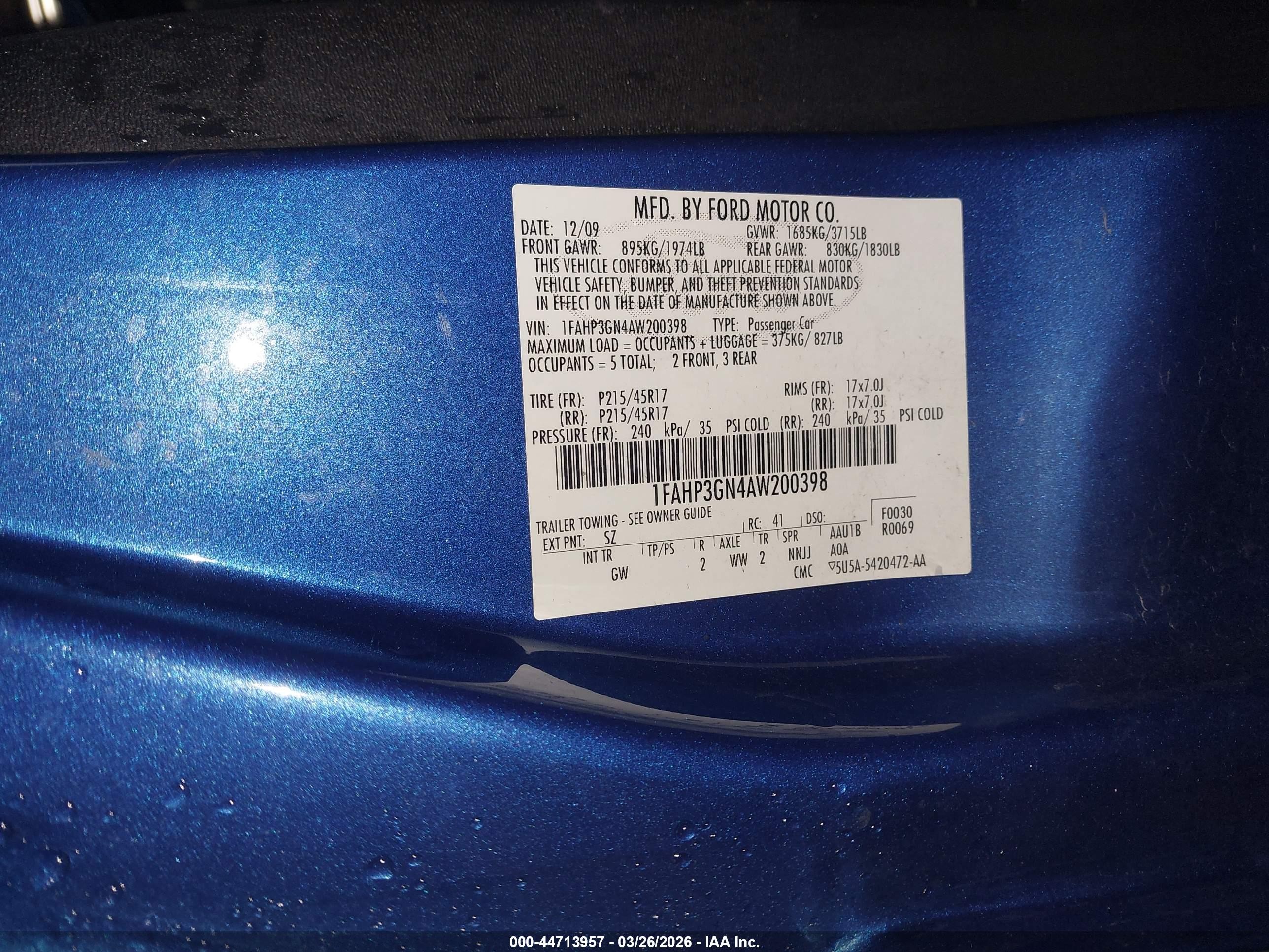 2010 Ford Focus Ses Blue vin: 1FAHP3GN4AW200398