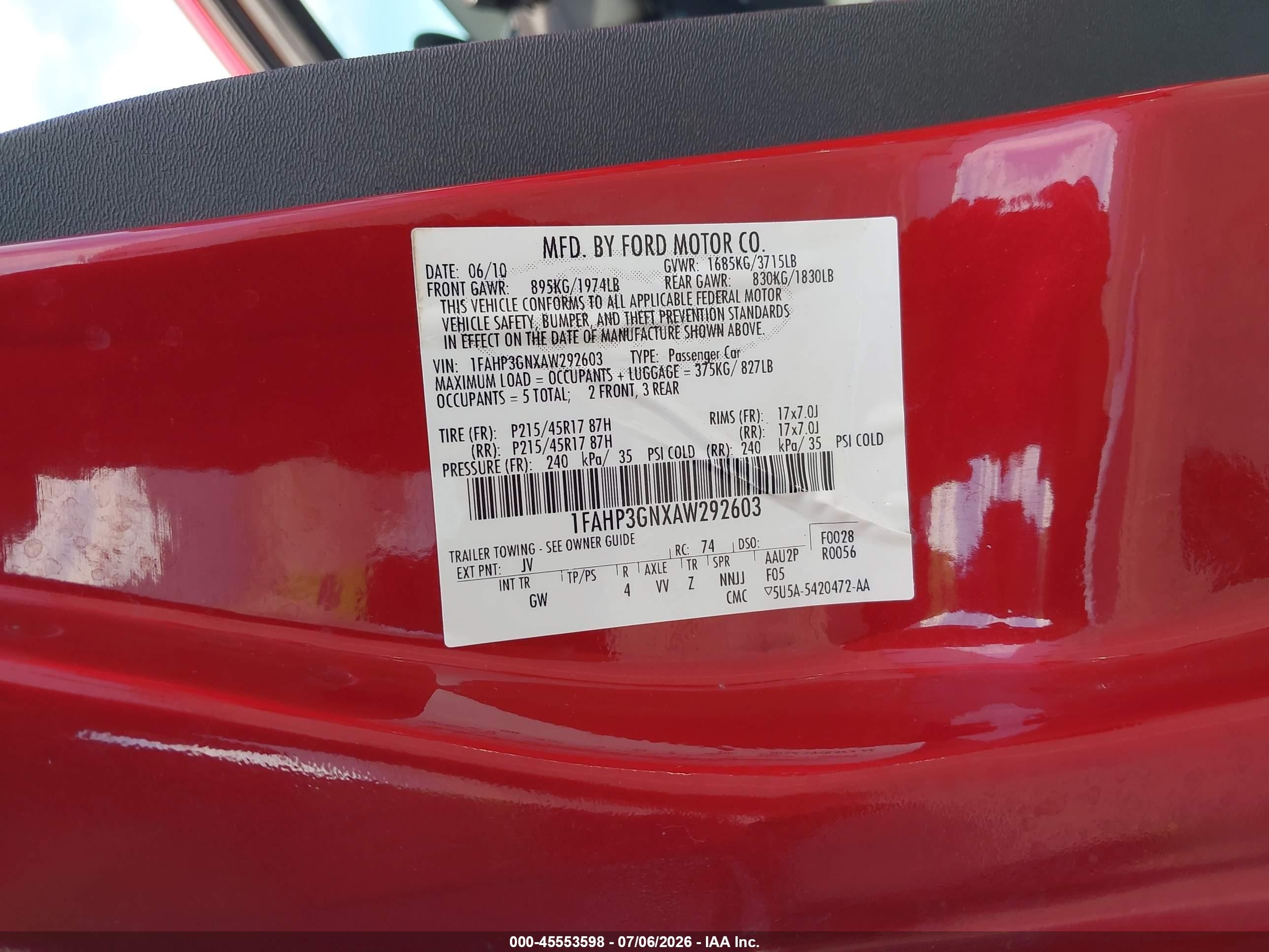 2010 Ford Focus Ses Red vin: 1FAHP3GNXAW292603