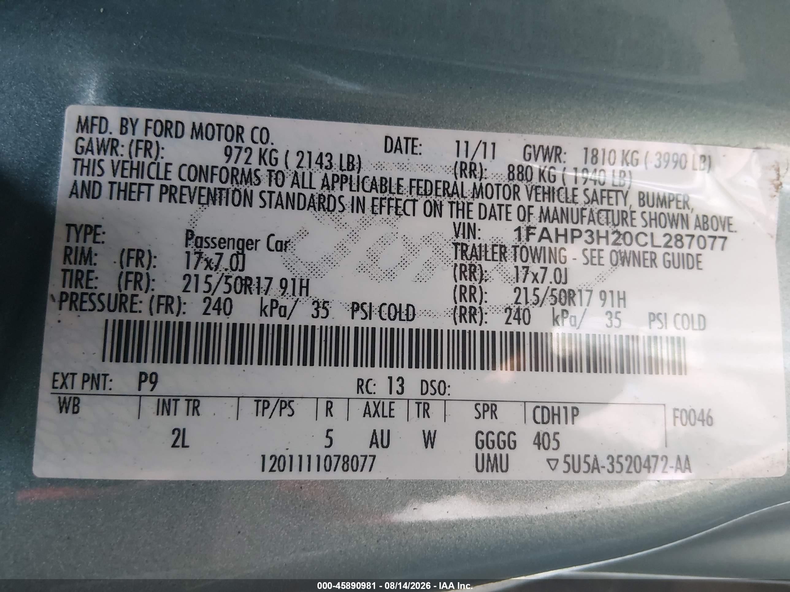 2012 Ford Focus Sel Blue vin: 1FAHP3H20CL287077