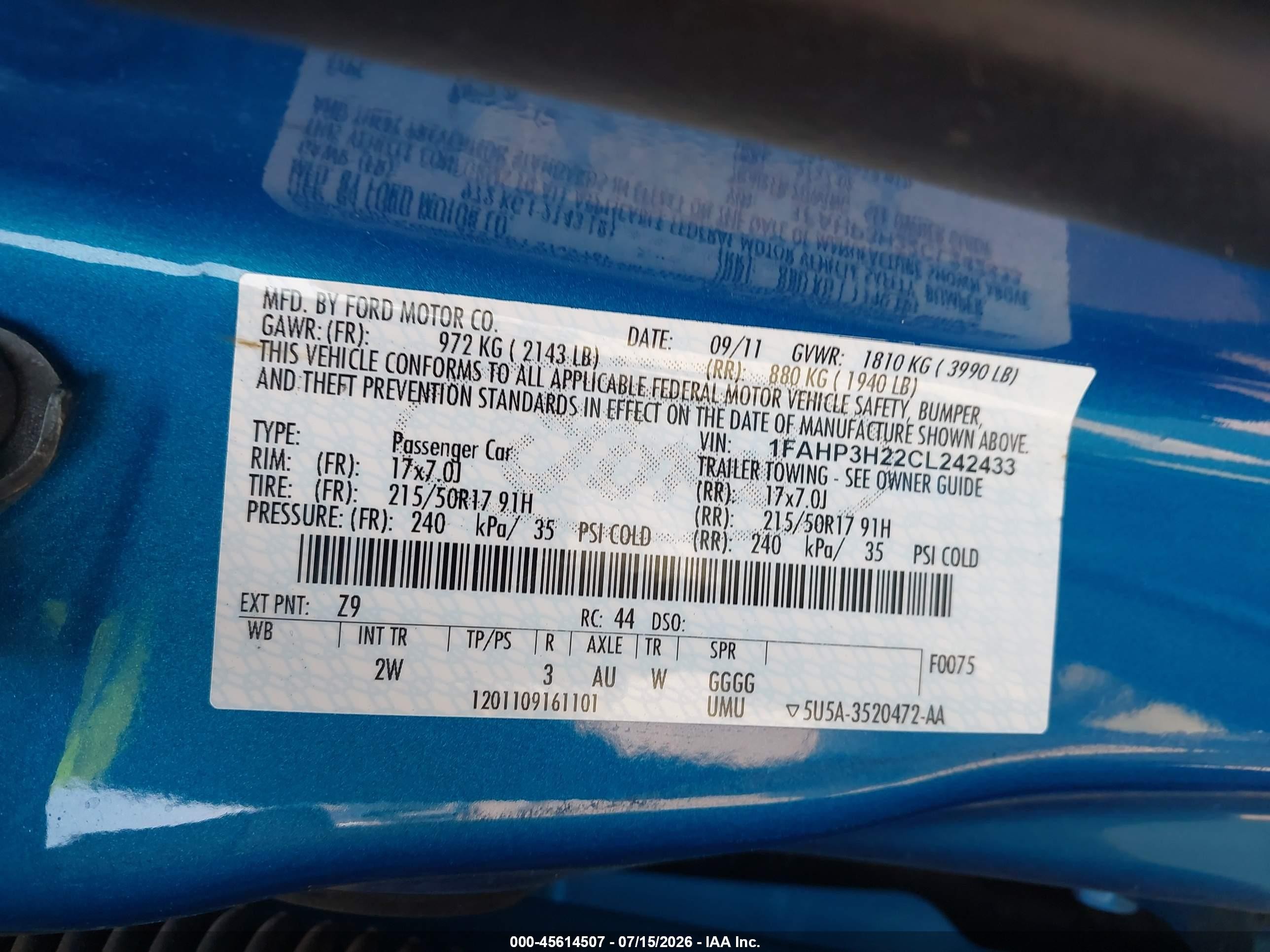 2012 Ford Focus Sel Blue vin: 1FAHP3H22CL242433