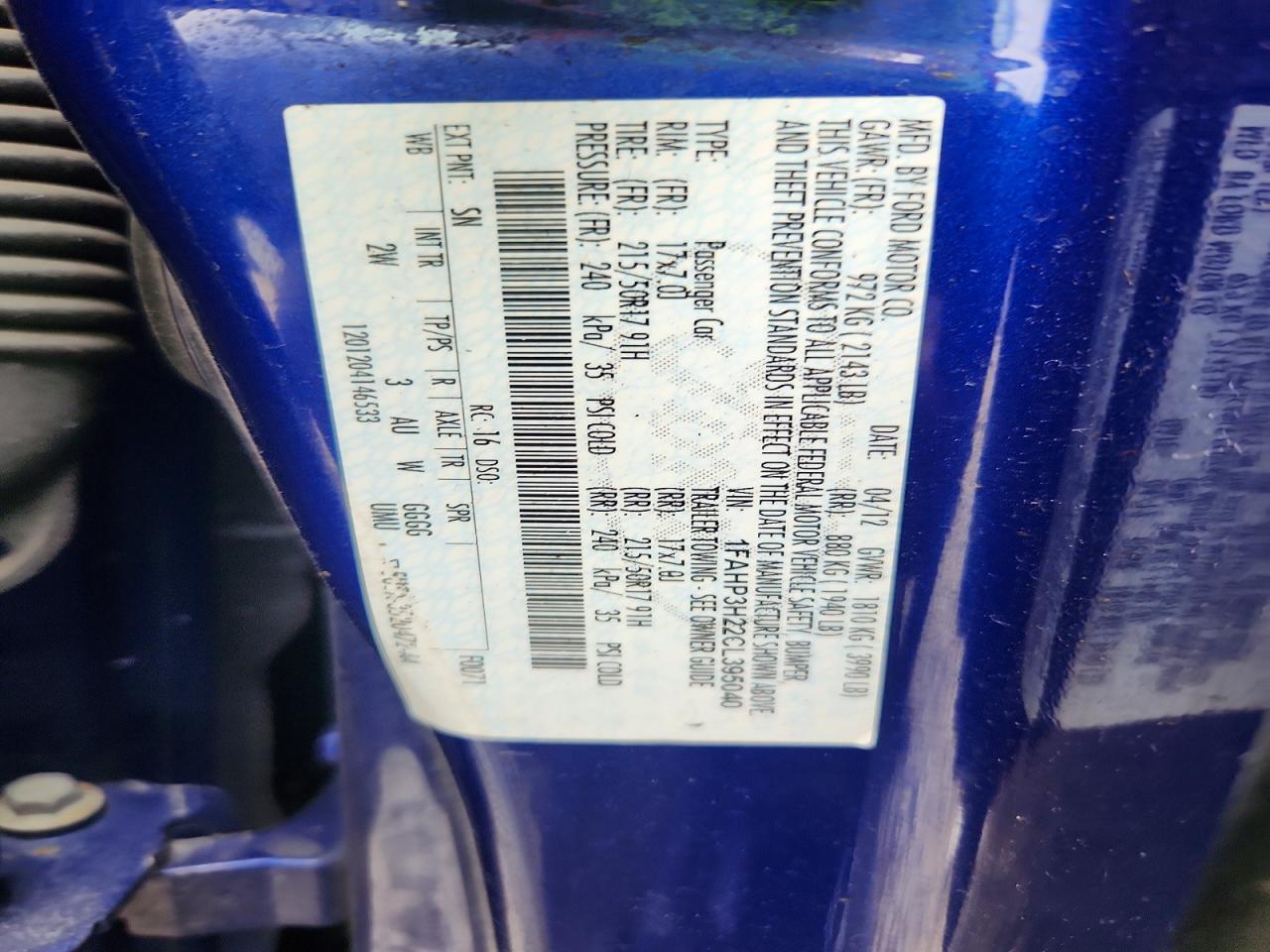 2012 Ford Focus Sel Blue vin: 1FAHP3H22CL395040