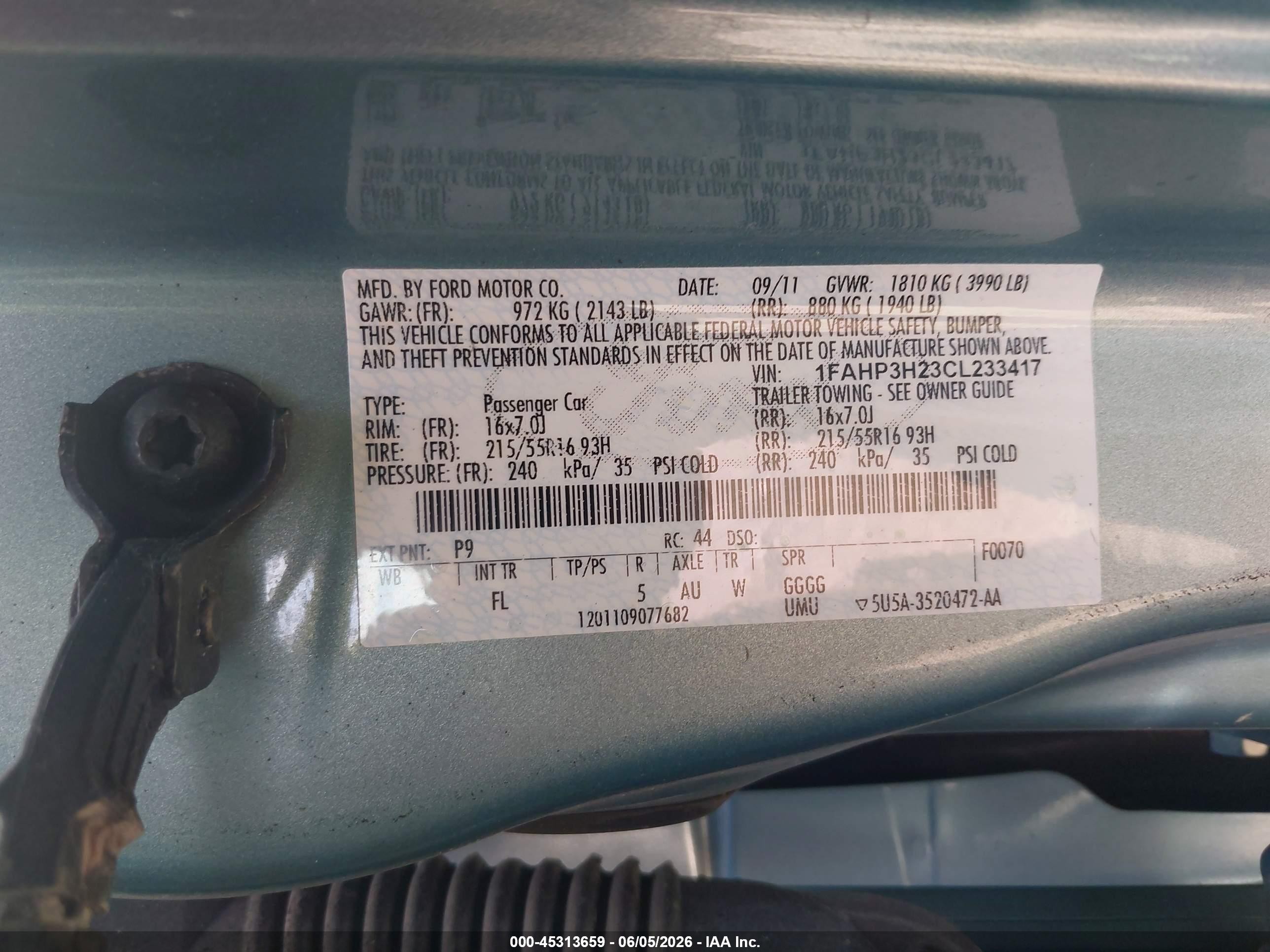 2012 Ford Focus Sel Light Blue vin: 1FAHP3H23CL233417
