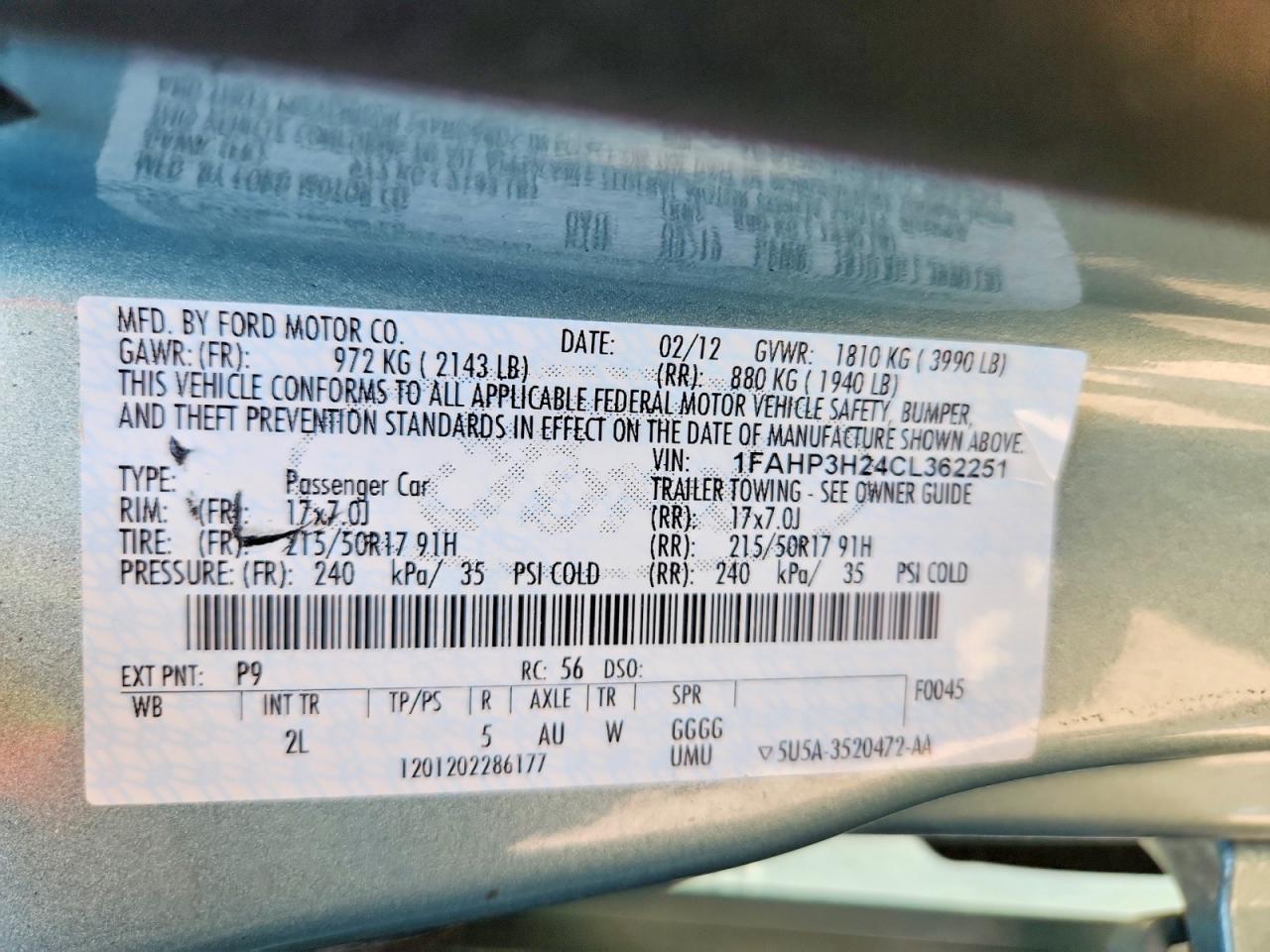 2012 Ford Focus Sel Turquoise vin: 1FAHP3H24CL362251