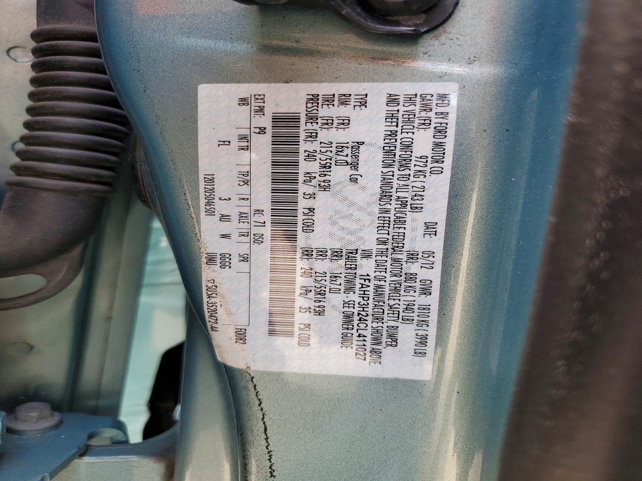 2012 Ford Focus Sel Turquoise vin: 1FAHP3H24CL411027