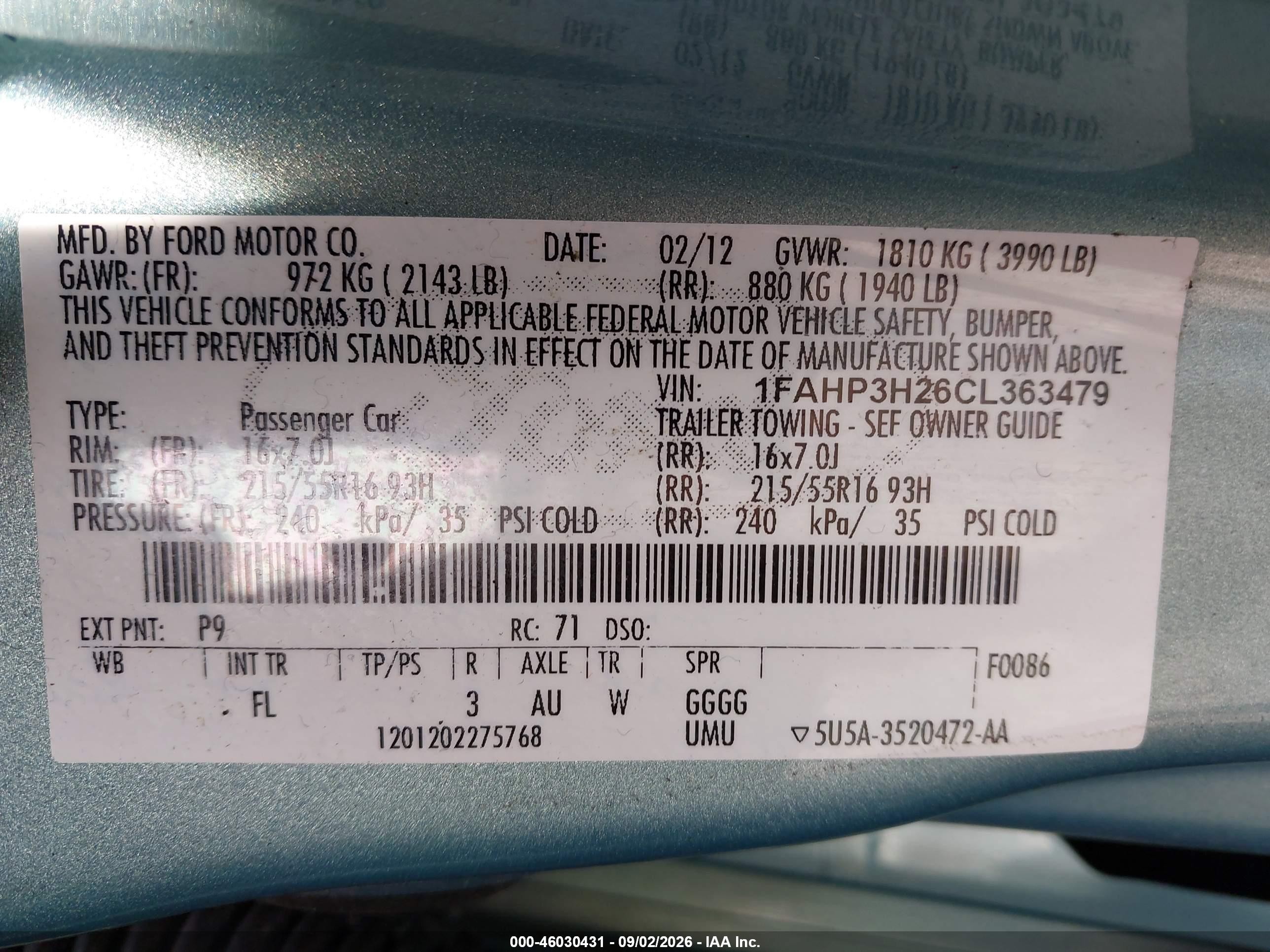 2012 Ford Focus Sel Light Blue vin: 1FAHP3H26CL363479