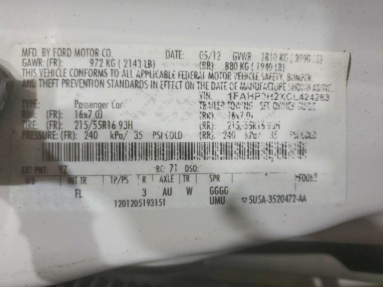 2012 Ford Focus Sel White vin: 1FAHP3H2XCL424283