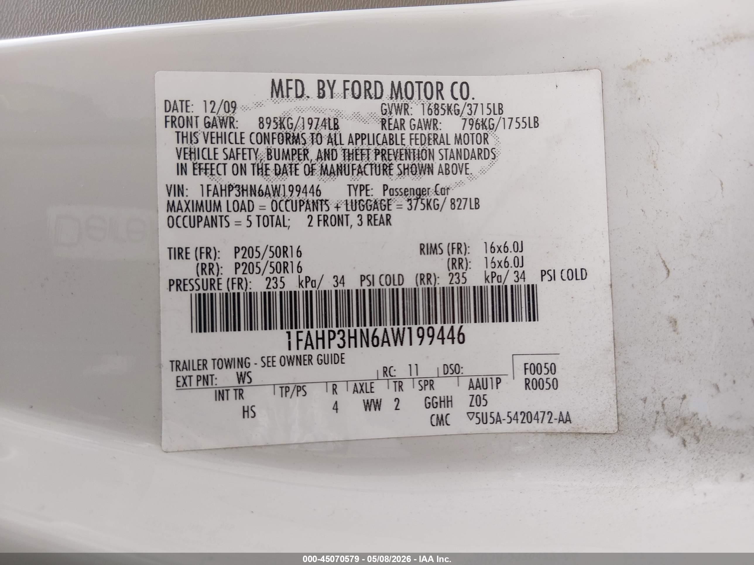 2010 Ford Focus Sel Cream vin: 1FAHP3HN6AW199446