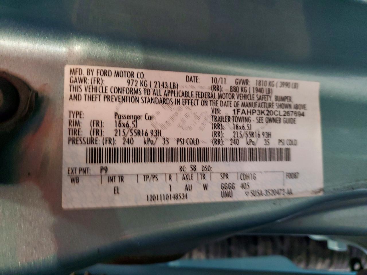 2012 Ford Focus Se Turquoise vin: 1FAHP3K20CL267694