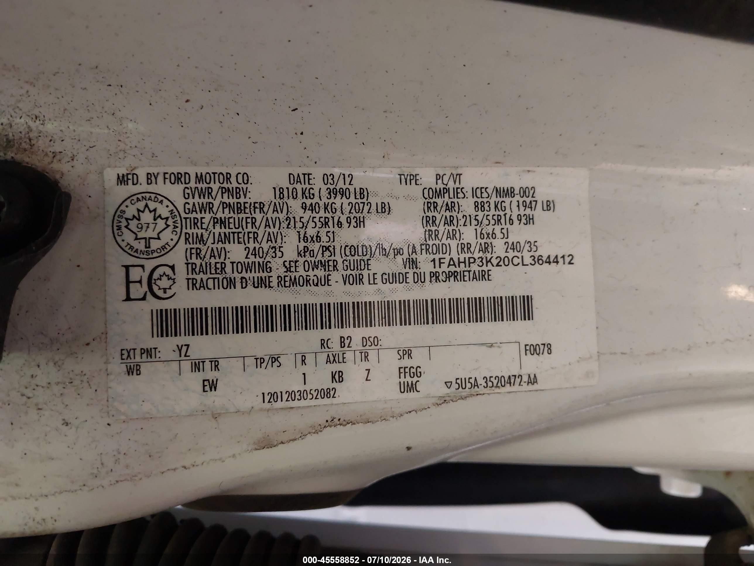 2012 Ford Focus Se White vin: 1FAHP3K20CL364412