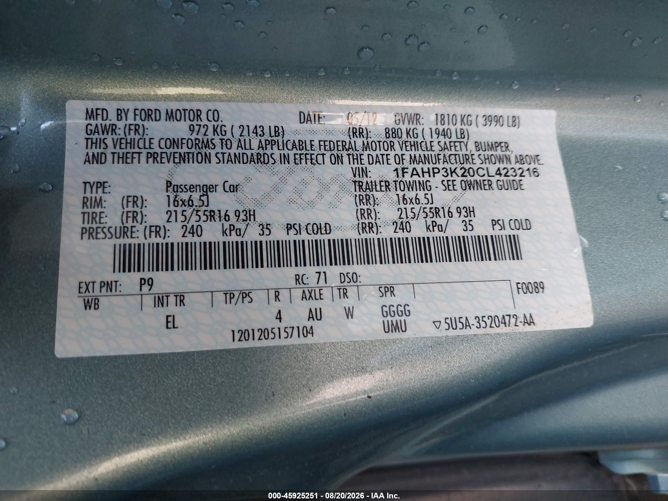 2012 Ford Focus Se Turquoise vin: 1FAHP3K20CL423216