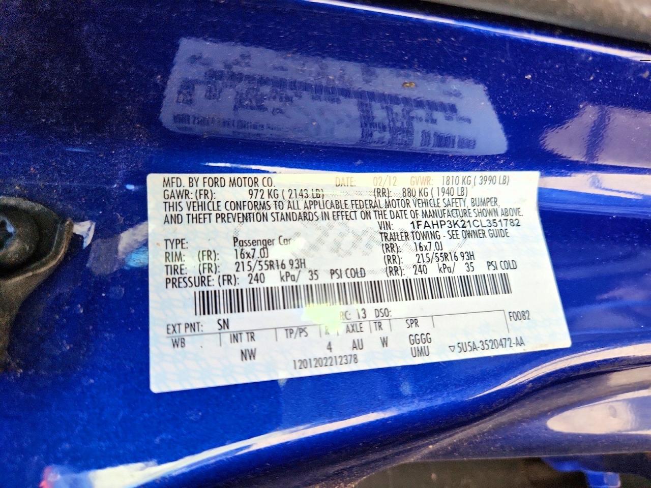 2012 Ford Focus Se Blue vin: 1FAHP3K21CL351782