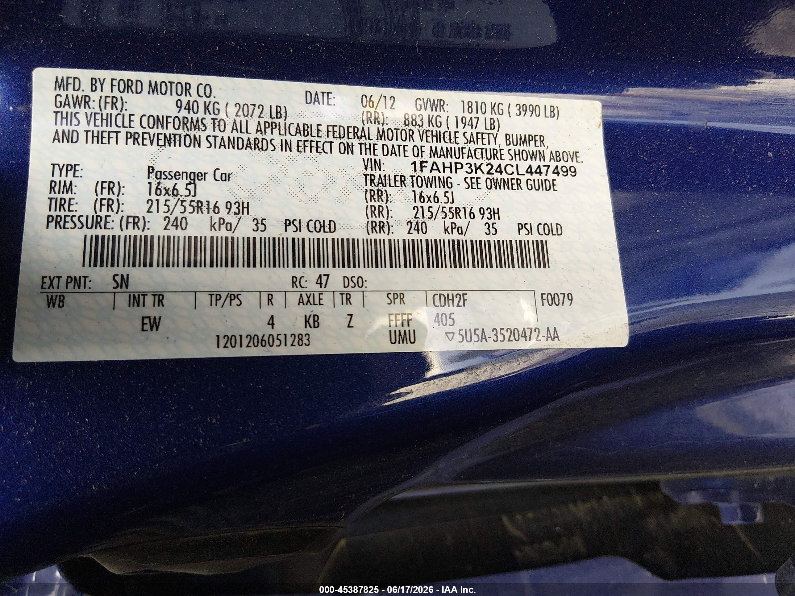2012 Ford Focus Se Blue vin: 1FAHP3K24CL447499
