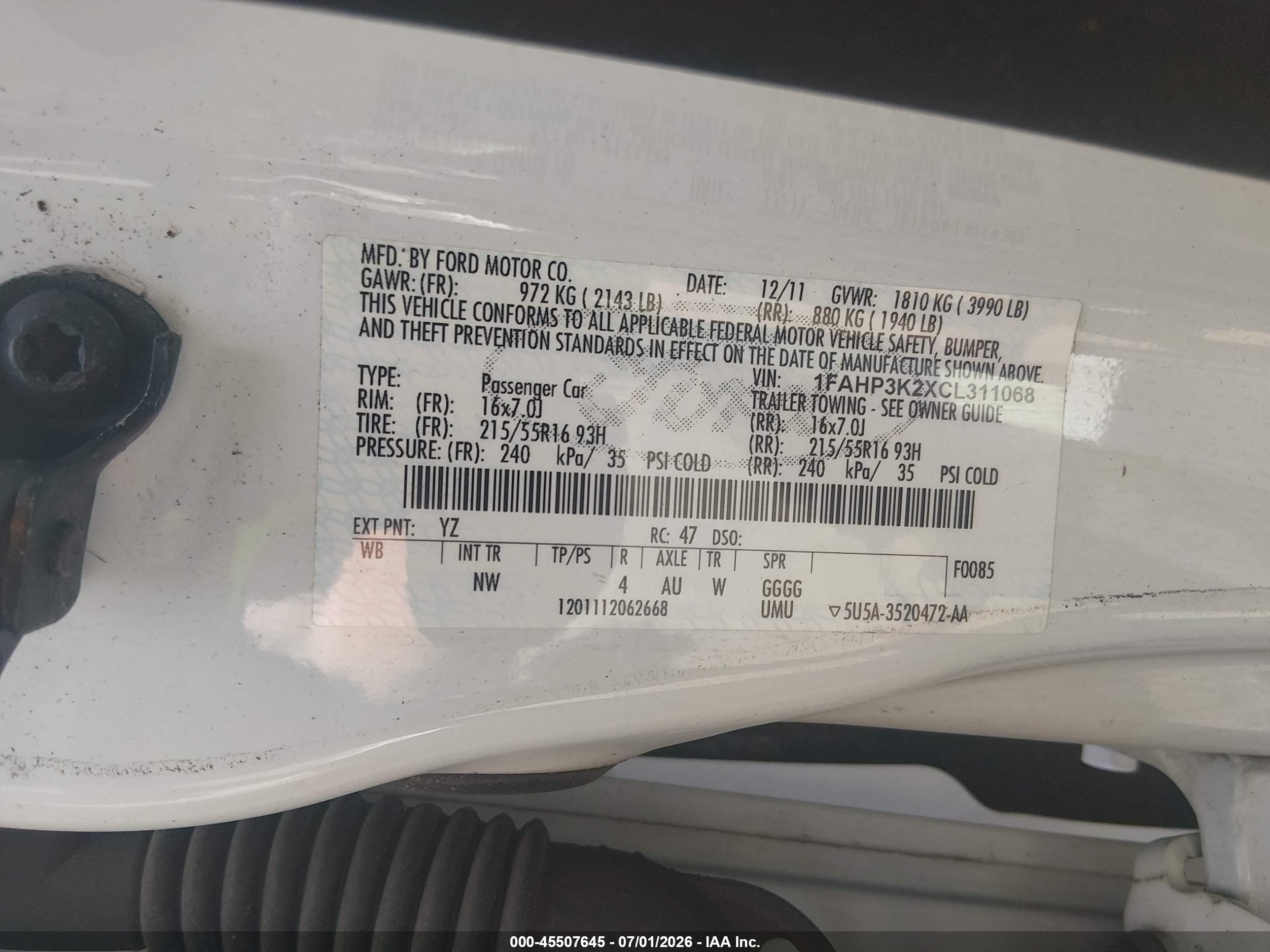 2012 Ford Focus Se White vin: 1FAHP3K2XCL311068