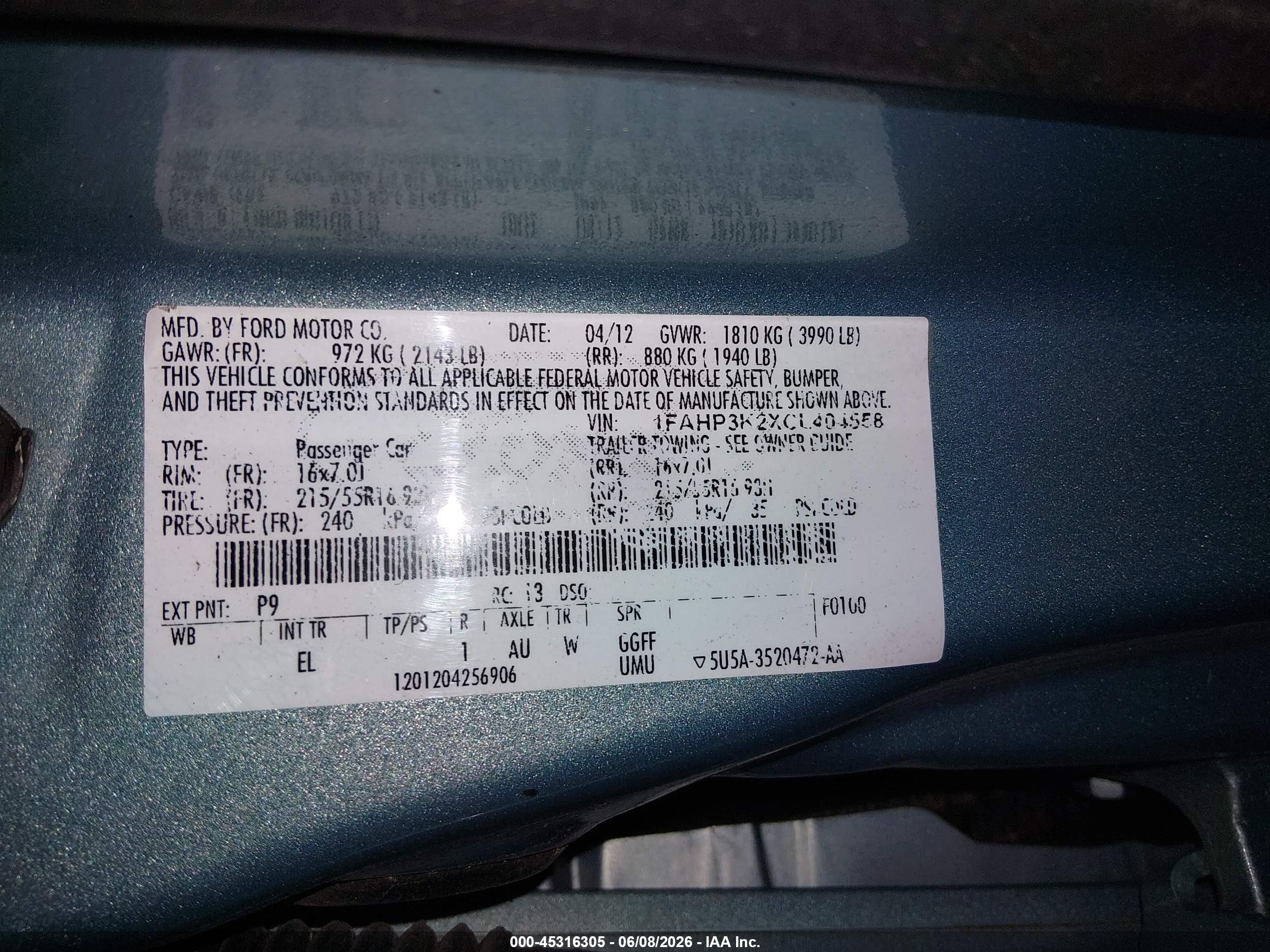2012 Ford Focus Se Teal vin: 1FAHP3K2XCL404558