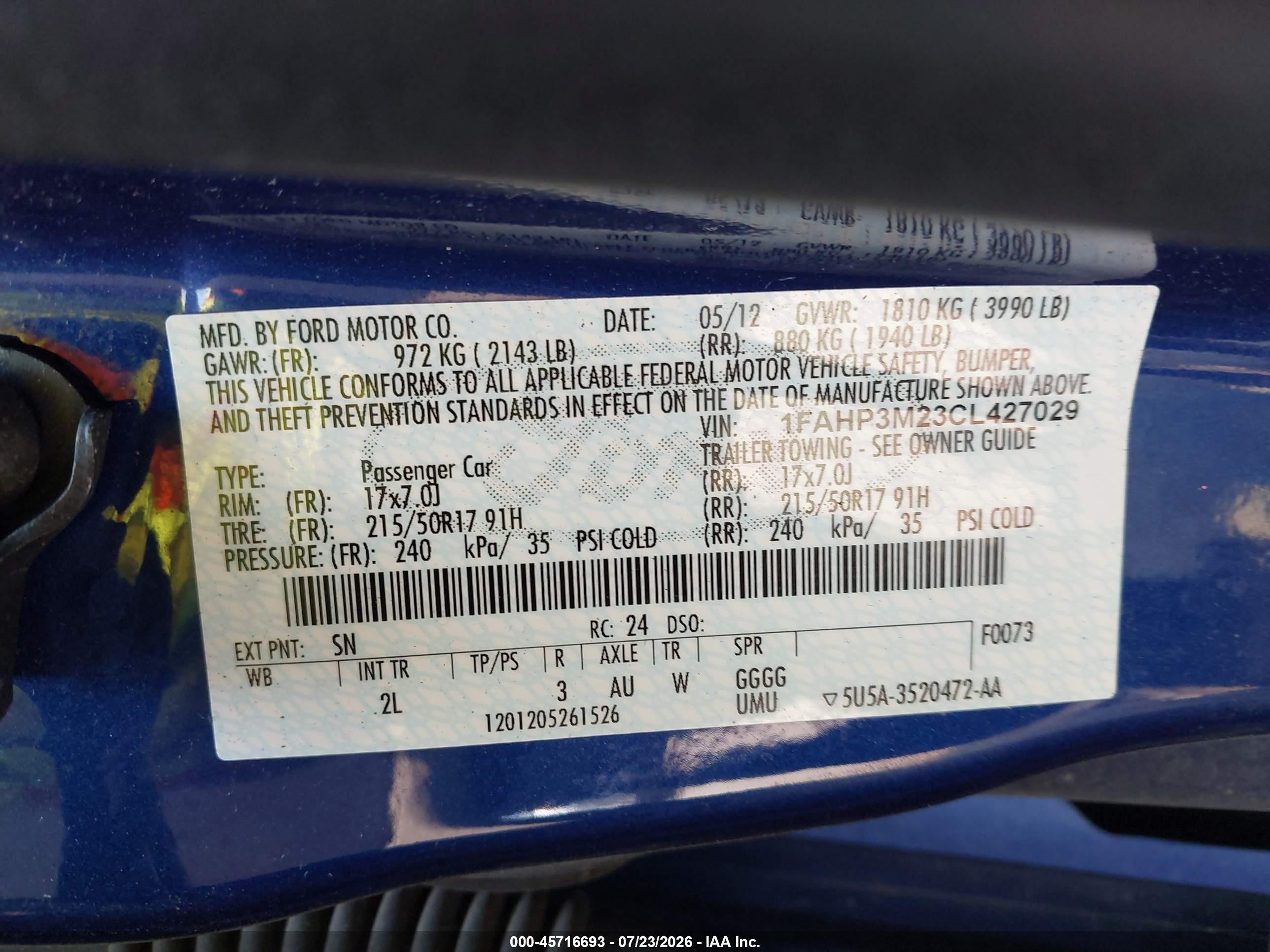 2012 Ford Focus Sel Blue vin: 1FAHP3M23CL427029