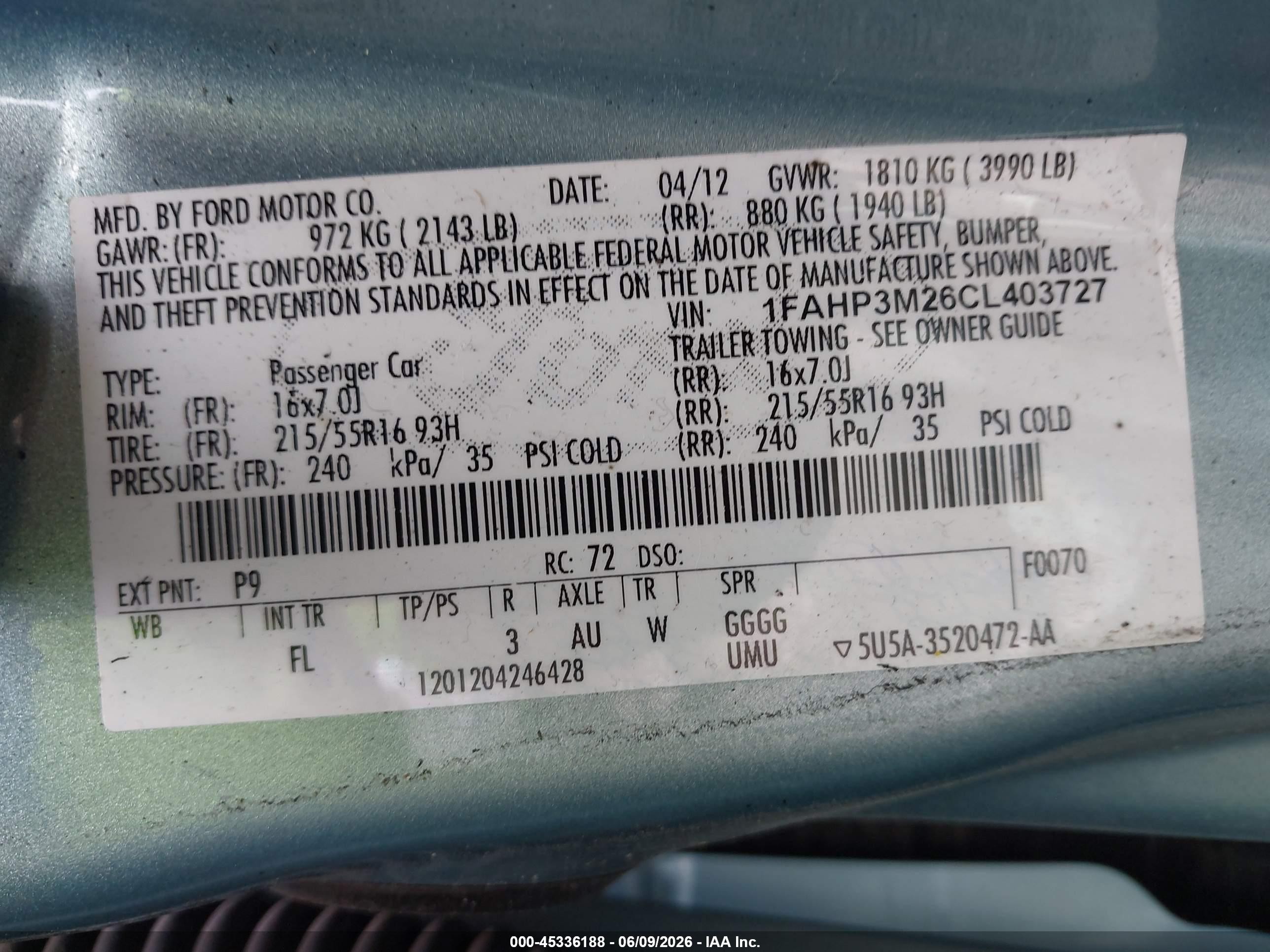 2012 Ford Focus Sel Teal vin: 1FAHP3M26CL403727