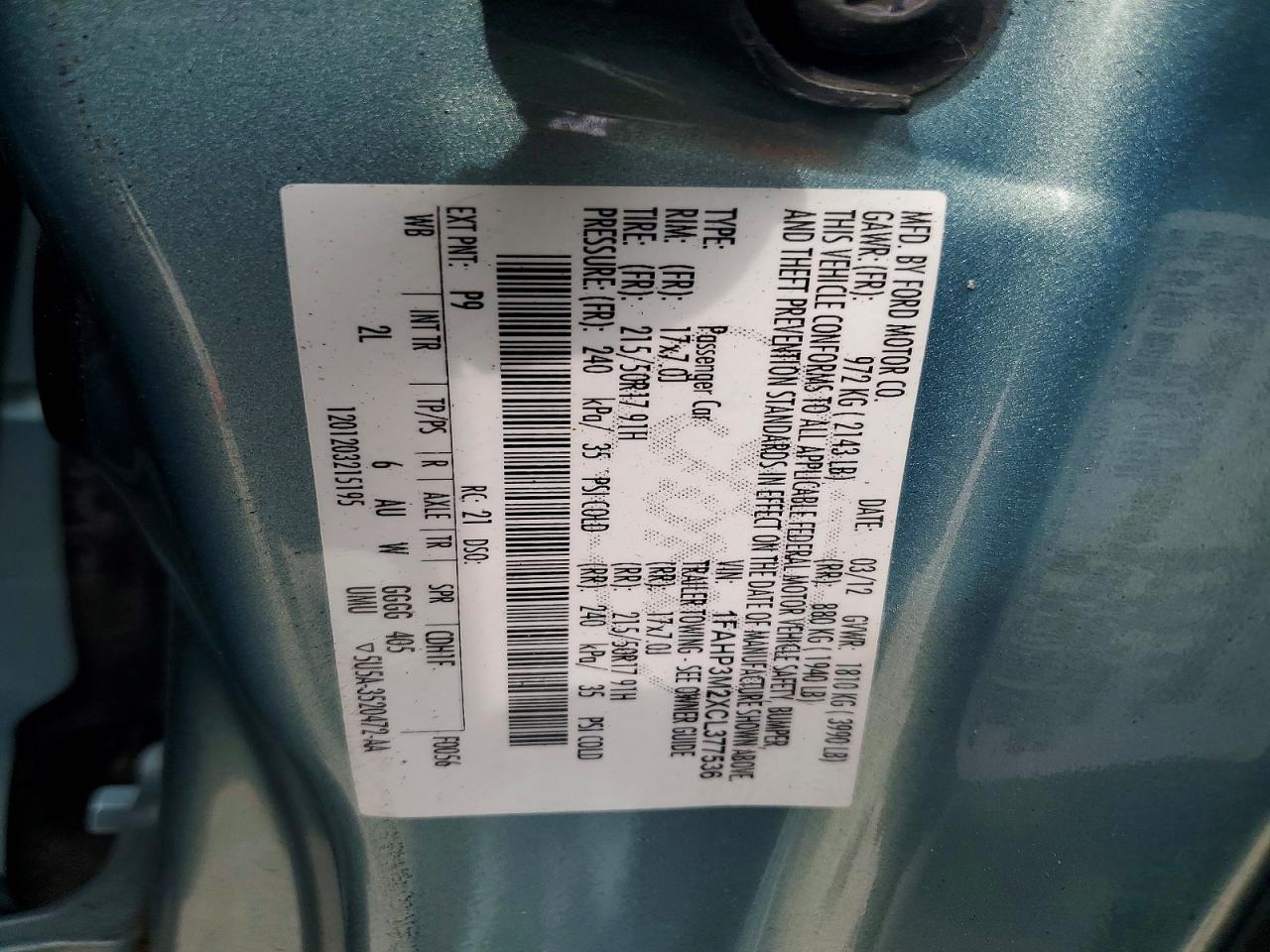 2012 Ford Focus Sel Turquoise vin: 1FAHP3M2XCL377536