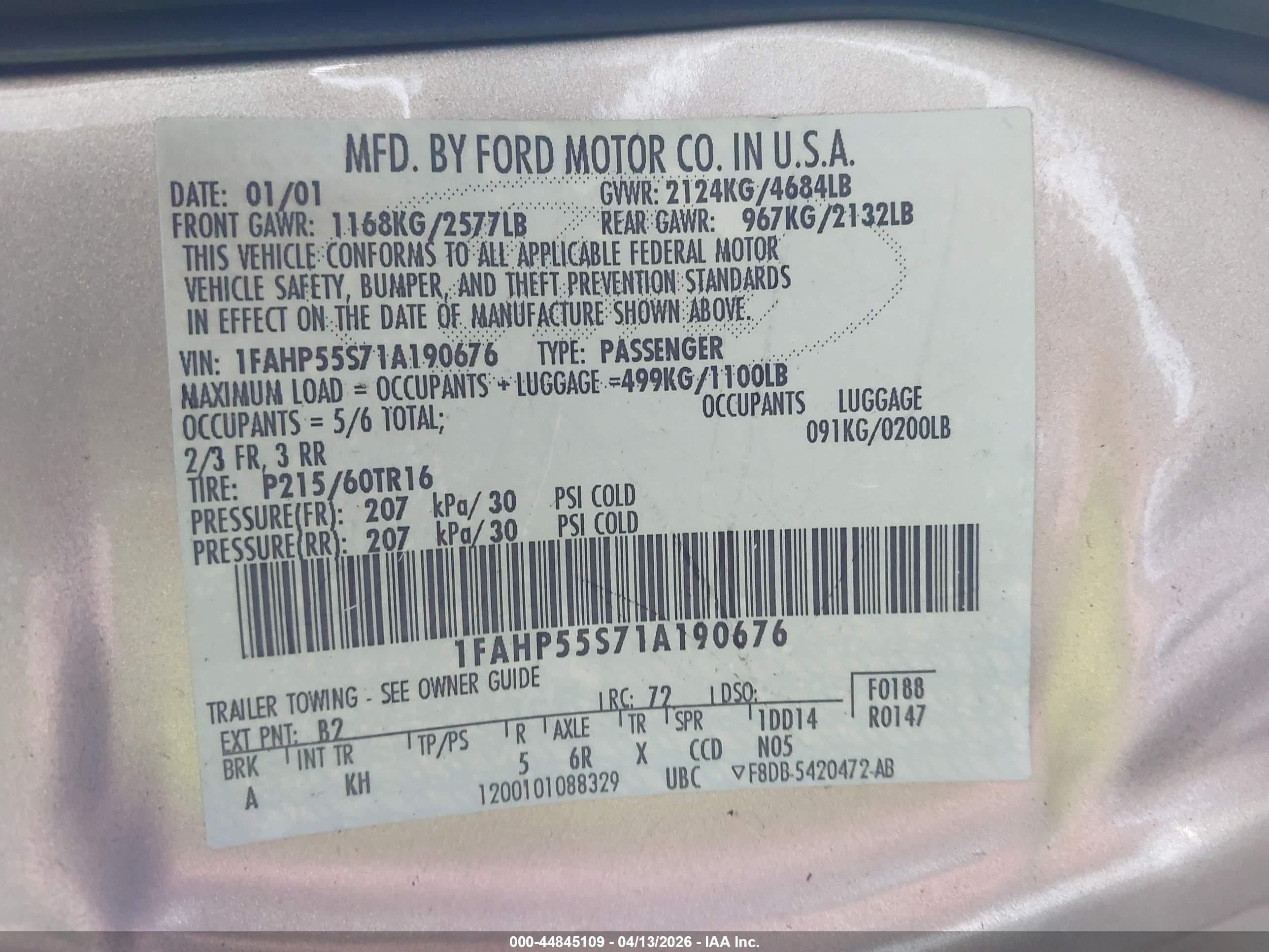 2001 Ford Taurus Ses Gold vin: 1FAHP55S71A190676