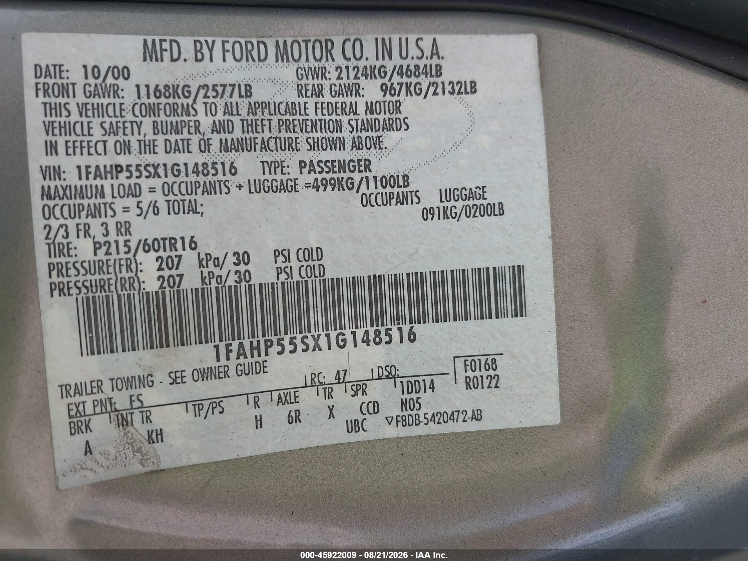 2001 Ford Taurus Ses Gray vin: 1FAHP55SX1G148516