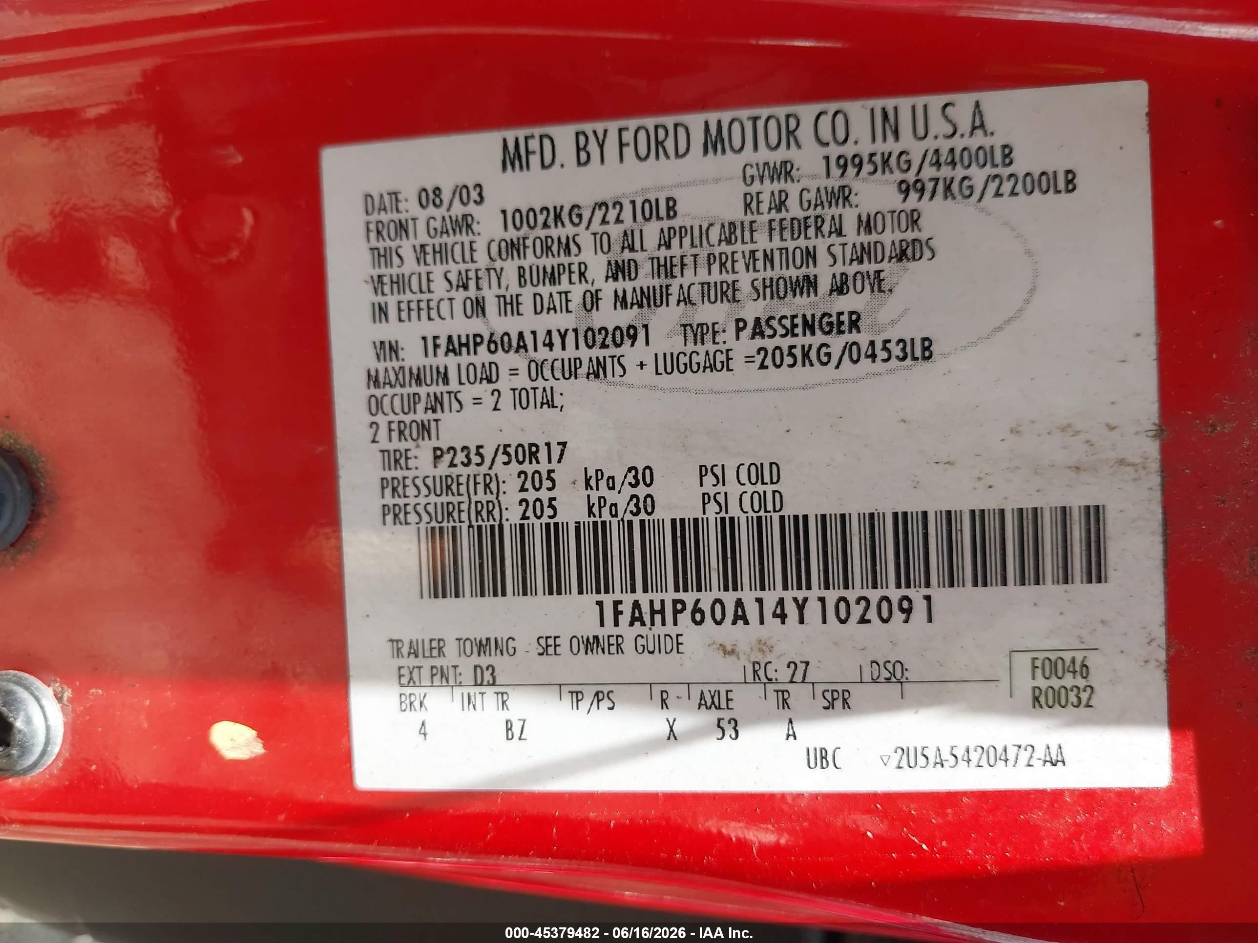2004 Ford Thunderbird Red vin: 1FAHP60A14Y102091