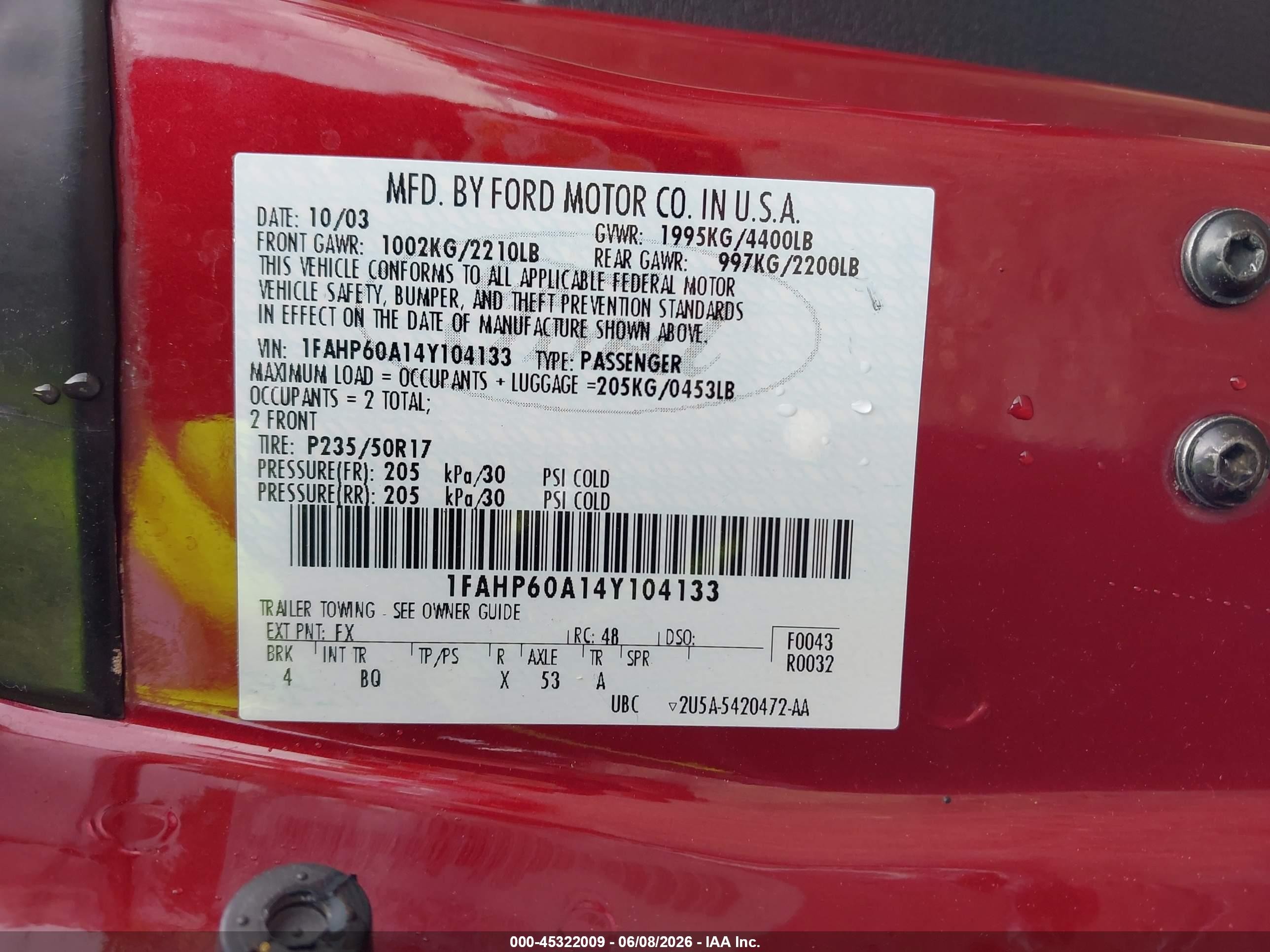 2004 Ford Thunderbird   Red vin: 1FAHP60A14Y104133