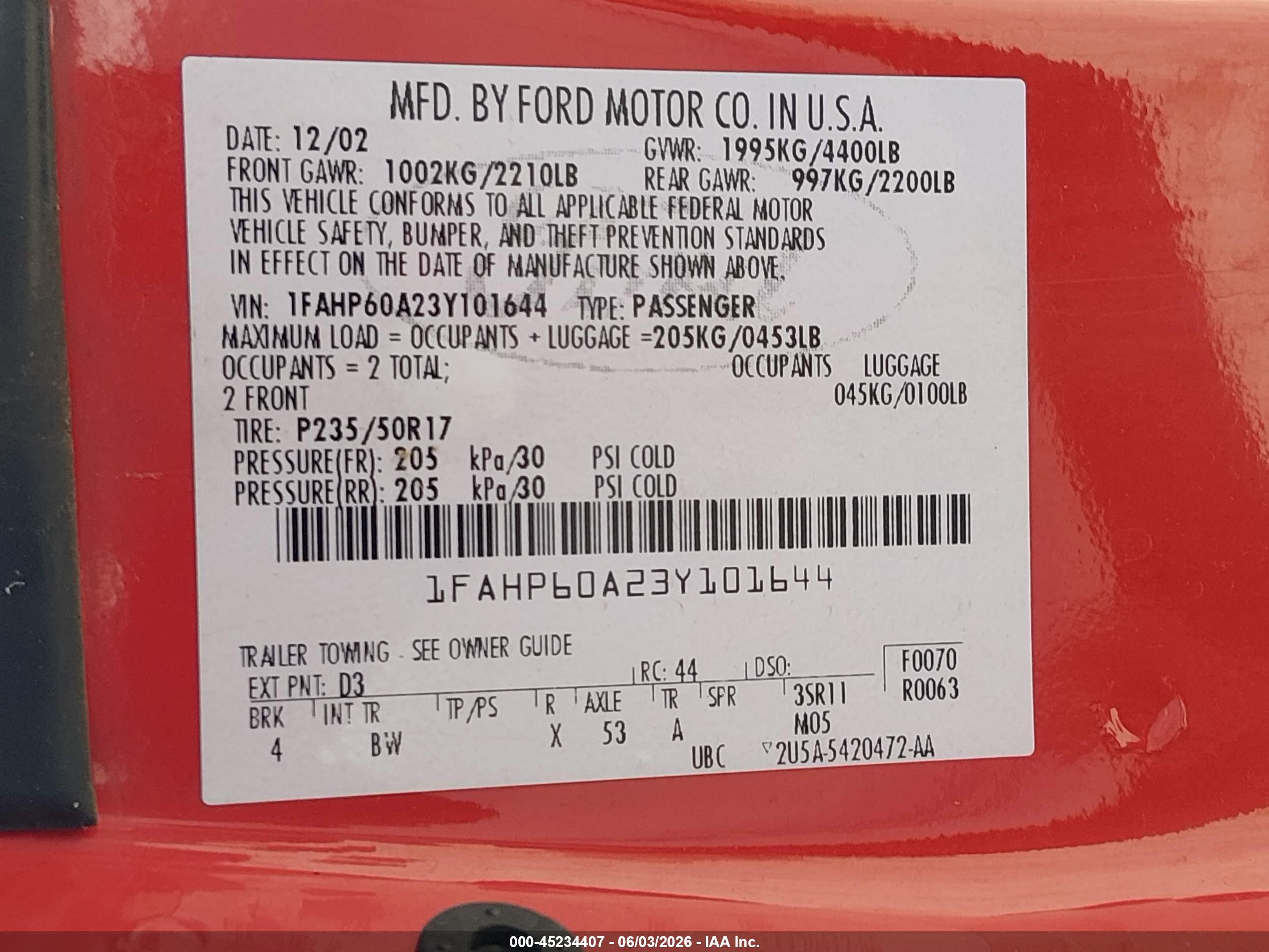 2003 Ford Thunderbird   Red vin: 1FAHP60A23Y101644