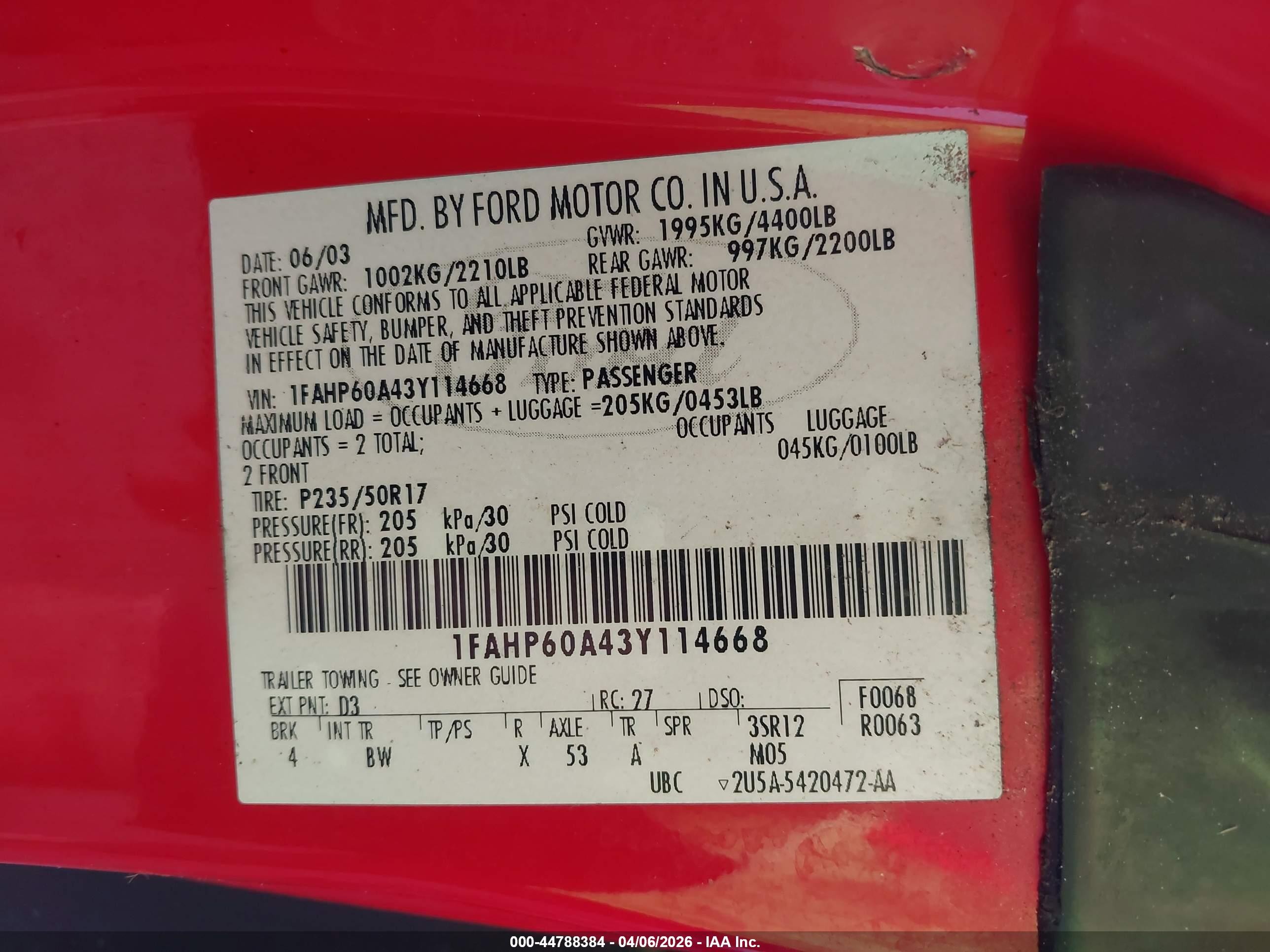 2003 Ford Thunderbird   Red vin: 1FAHP60A43Y114668