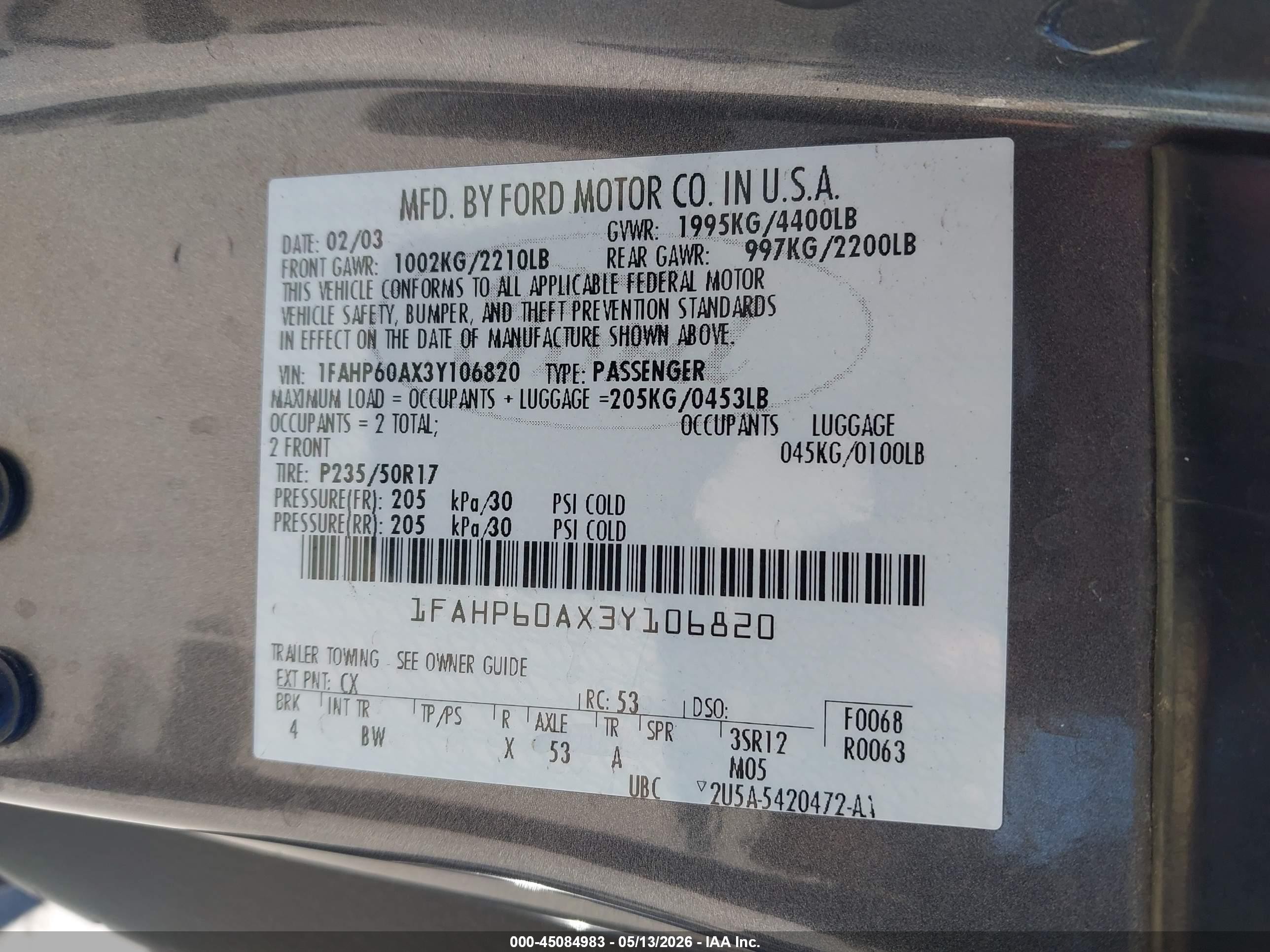 2003 Ford Thunderbird   Gray vin: 1FAHP60AX3Y106820