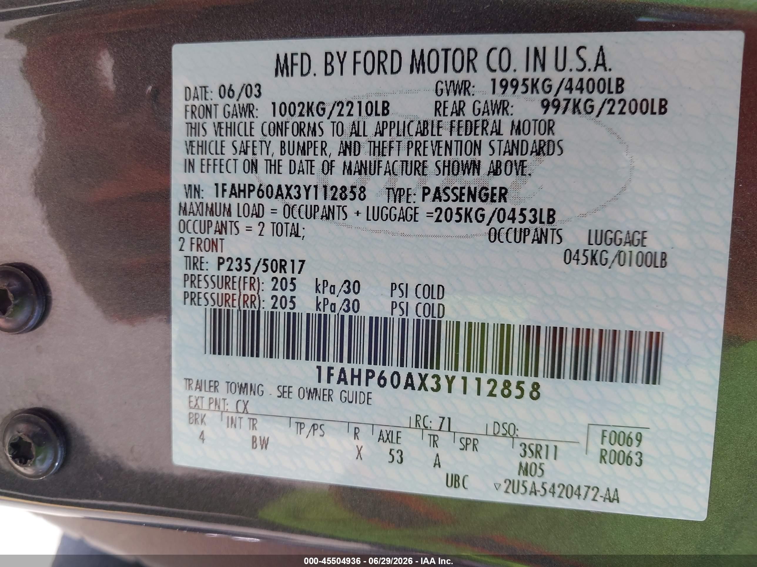 2003 Ford Thunderbird   Black vin: 1FAHP60AX3Y112858