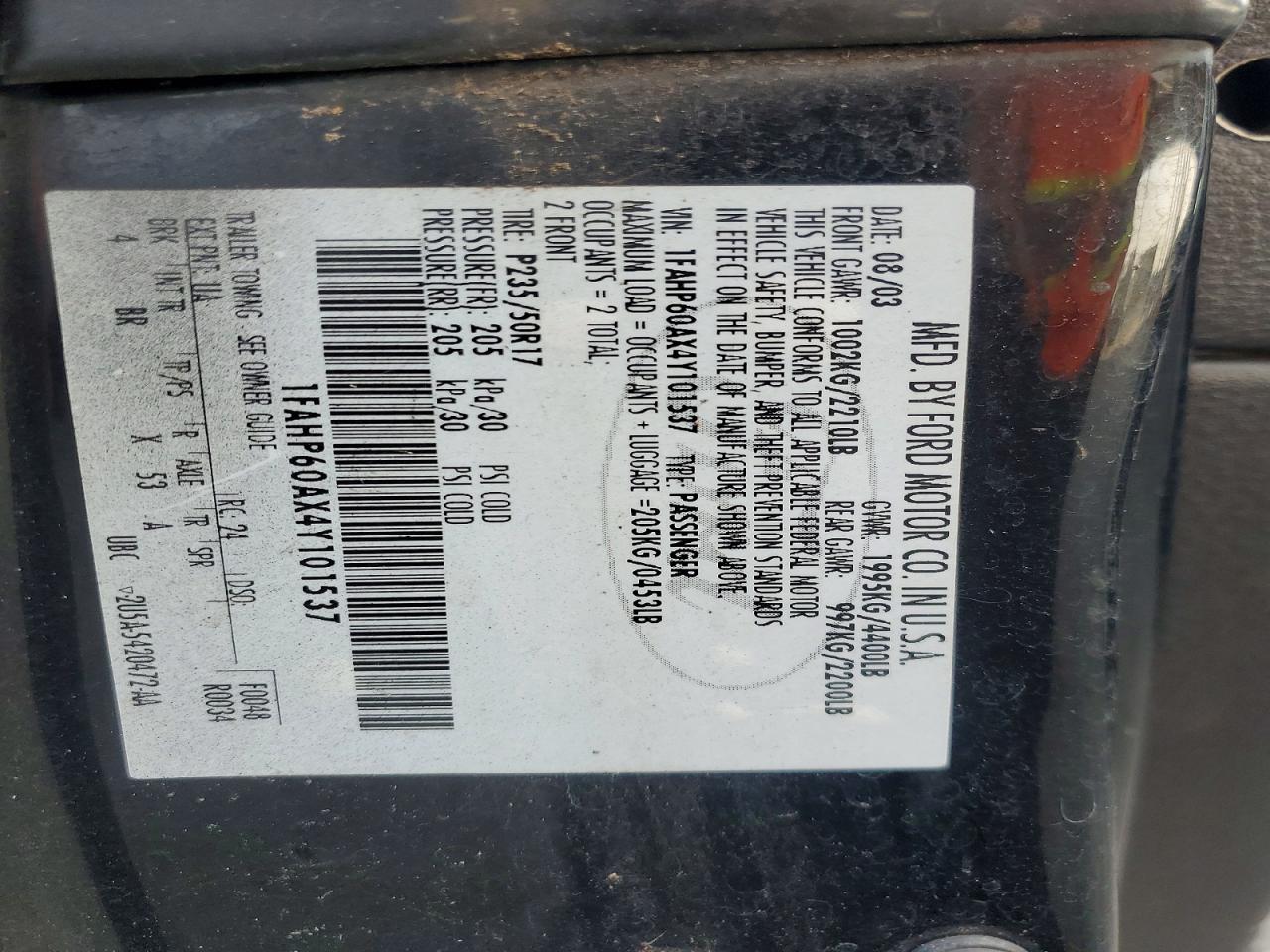 2004 Ford Thunderbird Black vin: 1FAHP60AX4Y101537