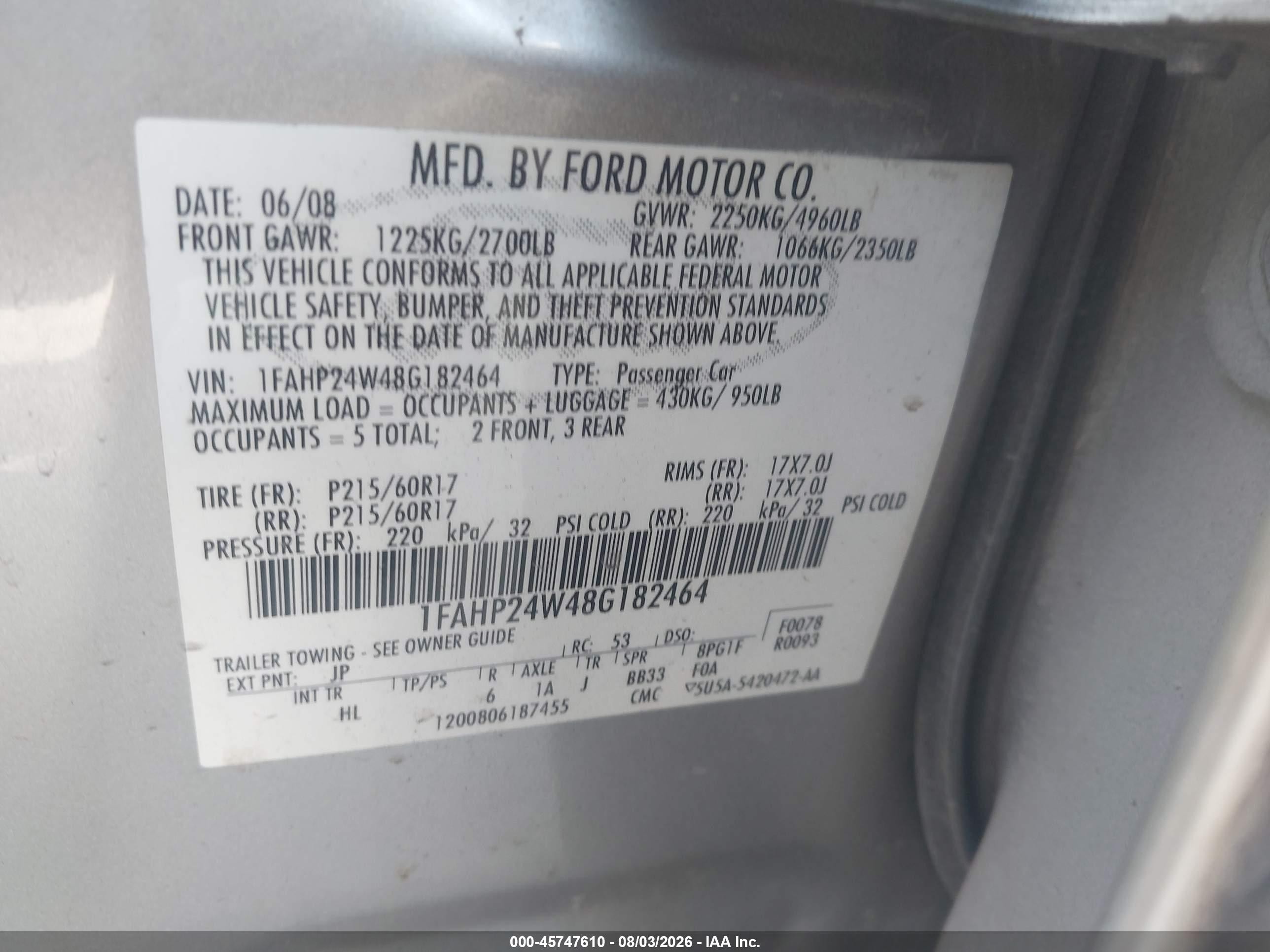 2008 Ford Taurus Sel Silver vin: 1FAHT24W48G182464