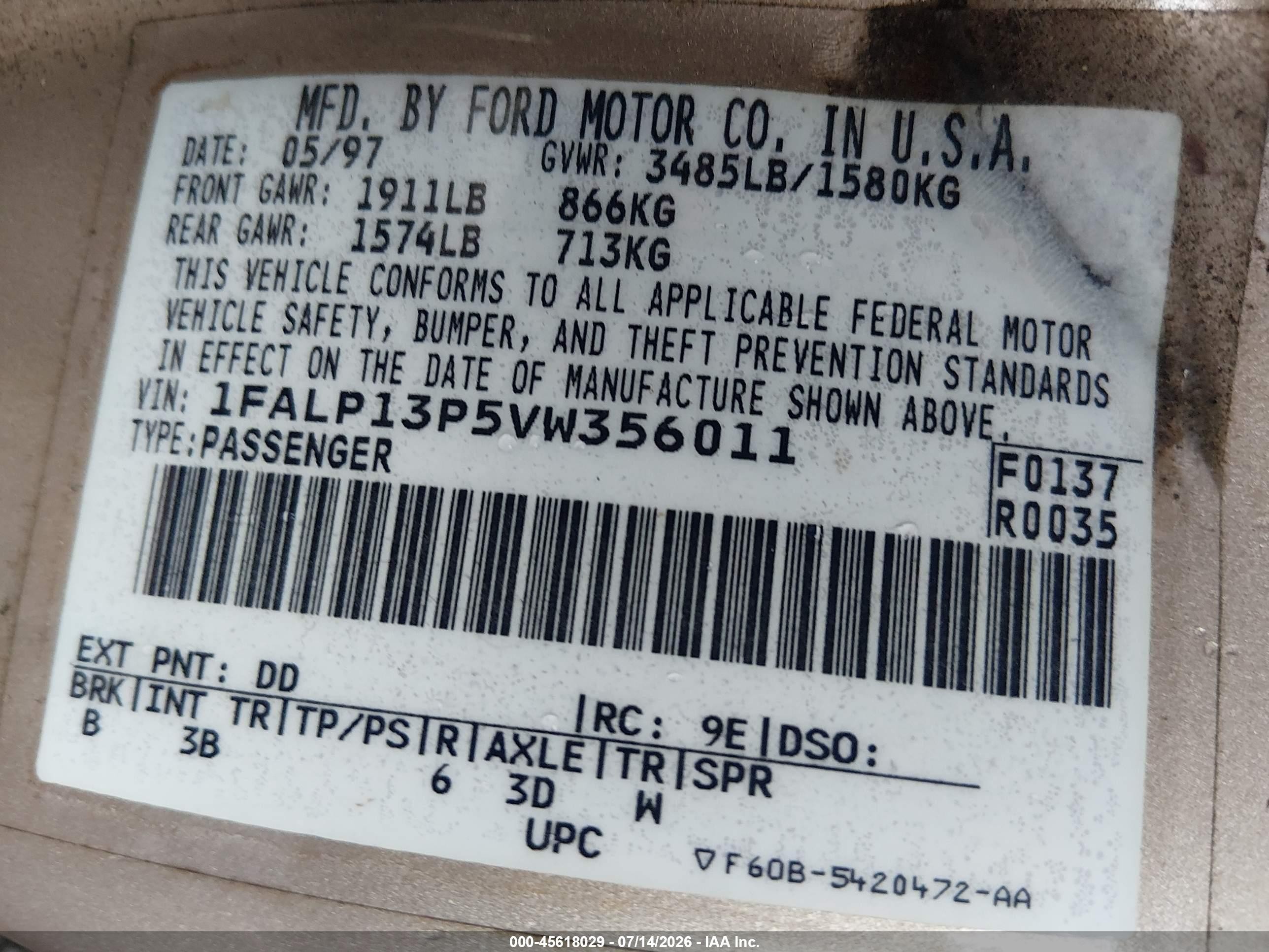 1997 Ford Escort Lx Gold vin: 1FALP13P5VW356011